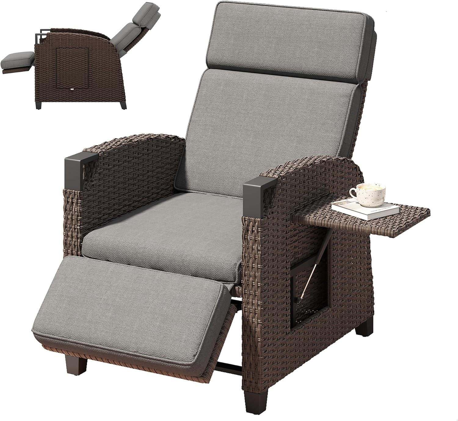 Amopatio Relaxliege Liegesessel, Rattan Sonnenliege mit Verstellbar Rückenlehne und Klapptisch, Outdoor Gartensessel Wetterfestes für Terrasse, Garten
