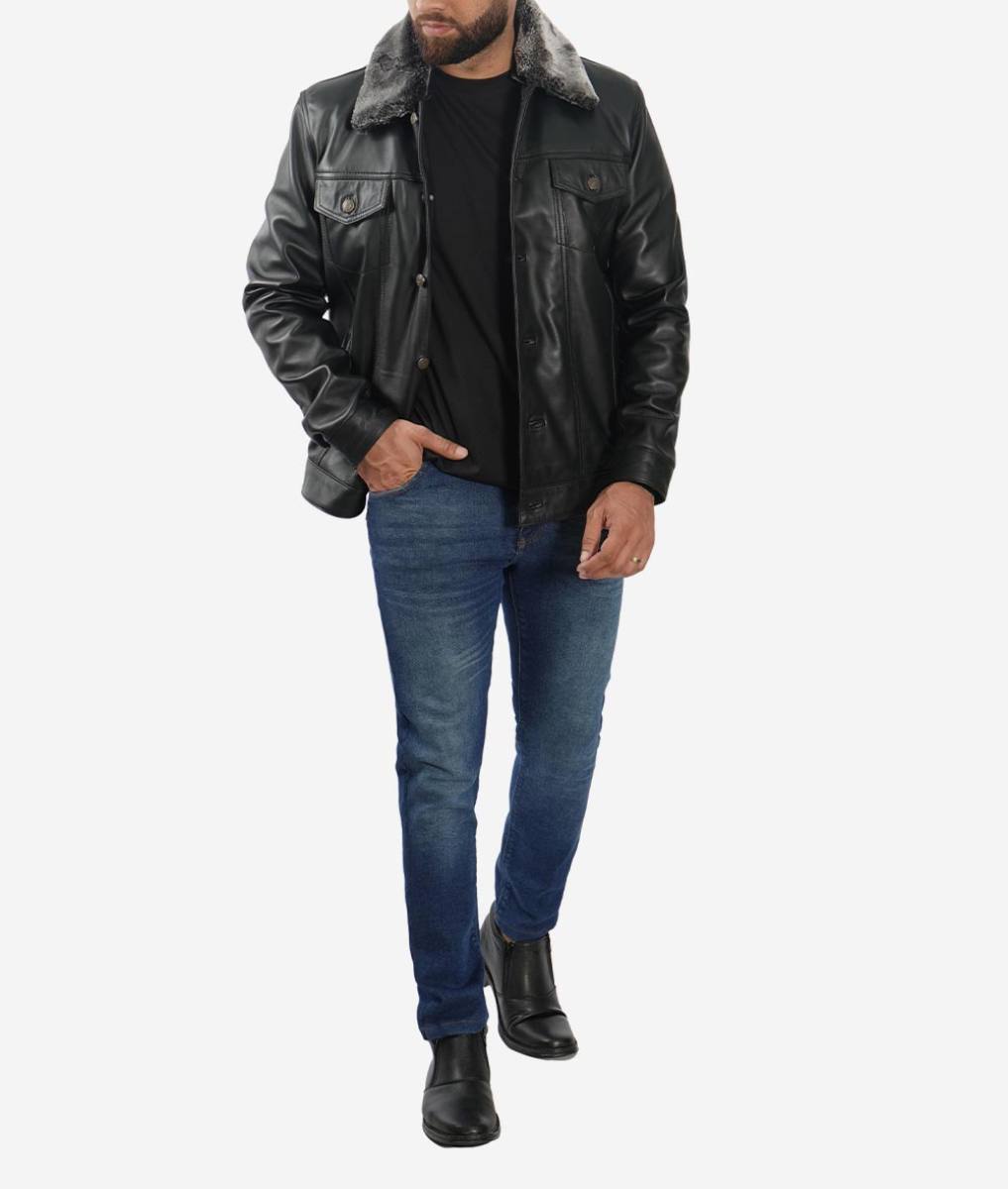 Mens Black Shearling Collar Leather Trucker Jacket