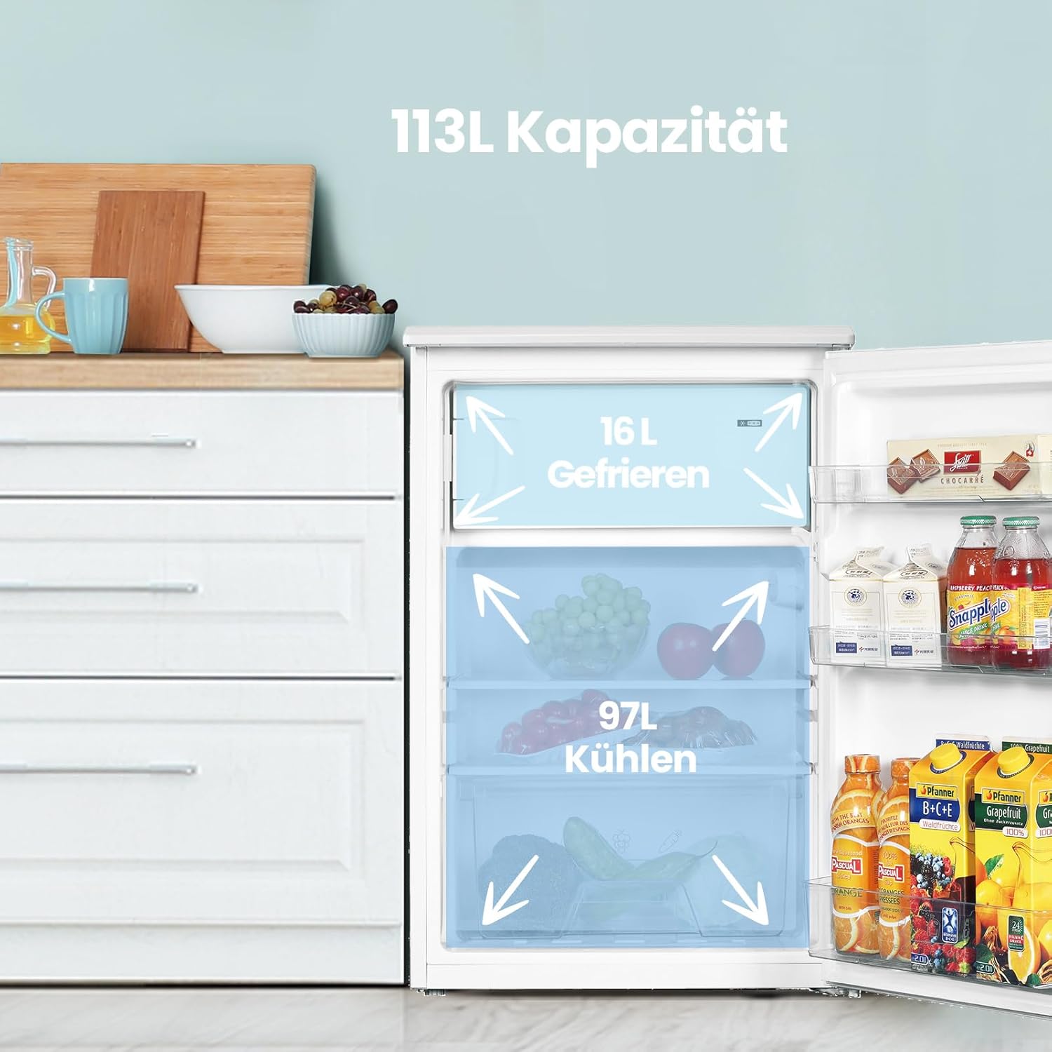 Comfee RCD113WH3EU(E) 113L Kühl-Gefrierkombination,113L Kleinkühlschrank mit 4-Sterne-Gefrierfach, 16L Gefrierfach -18℃-8℃,35dB, Inverter-Kompressor,Weiß