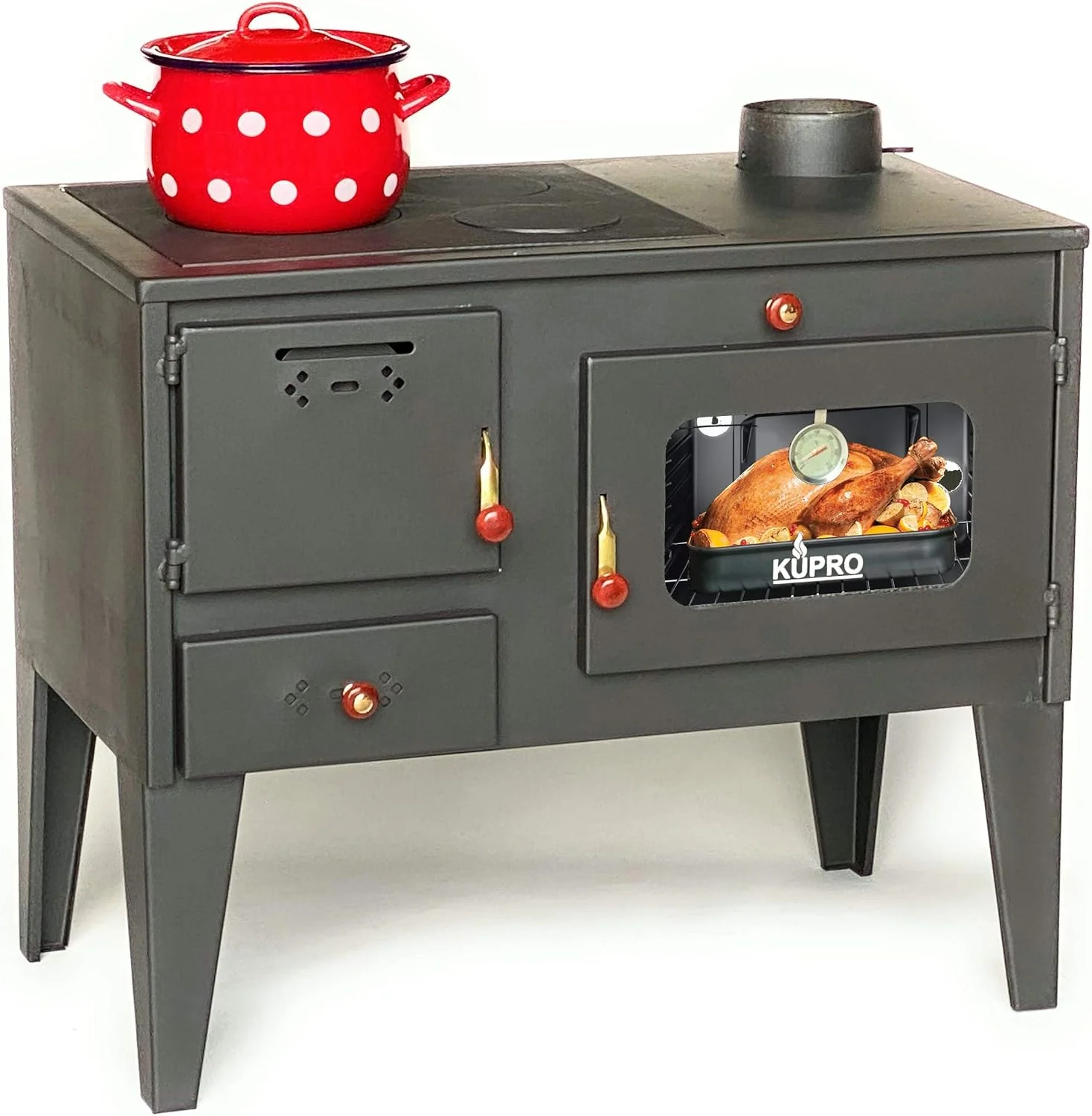DanDiBo Kaminofen, 7,5 kW, Grau/Rot, mit Backfach und Herdplatte 93894 Kamin Gartenofen Küche