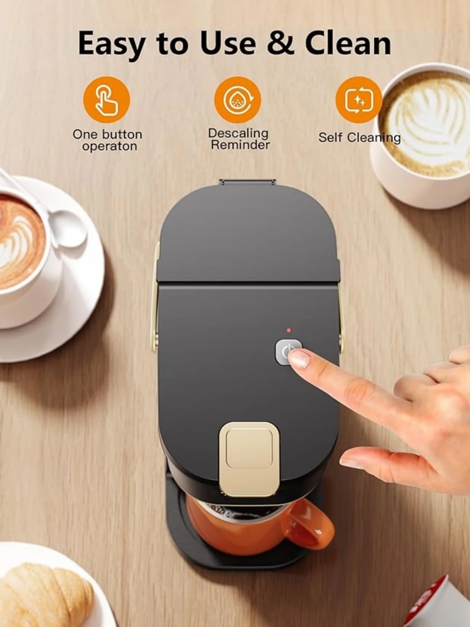 Single Serve One Cup Coffee Maker, for K Cups and Grounds, Mini Coffee Maker with Portable Handle, 6 to 12 Oz Brew Size, for Travel, Camping, Office, RV and Dorm, Black and Gold