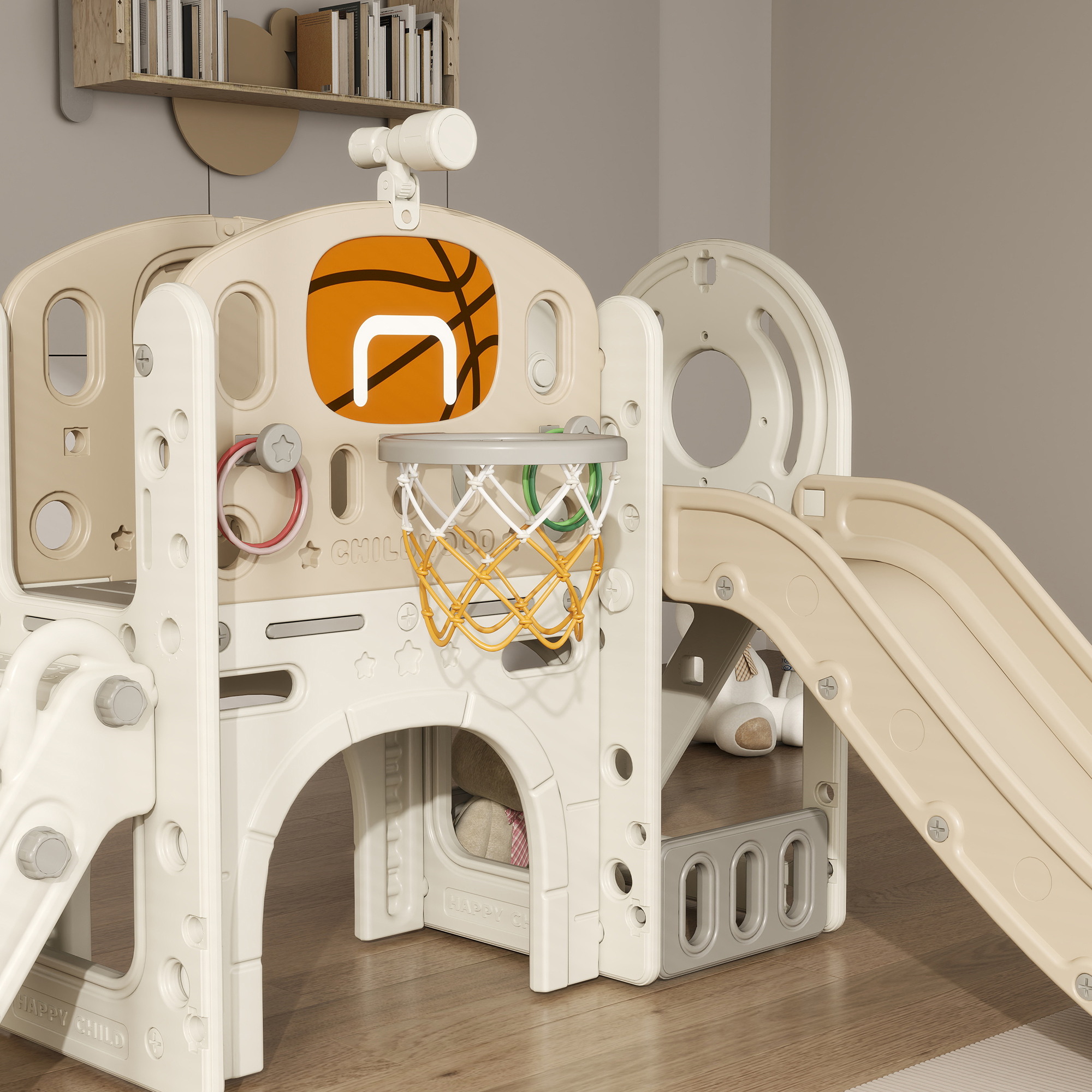 AIYAPLAY Kinder Speeltoestel, 7-in-1 Glijbaan, Binnenspeeltuin met Opslag en Kruipruimte, 186x153x111 cm, Cr��mewit
