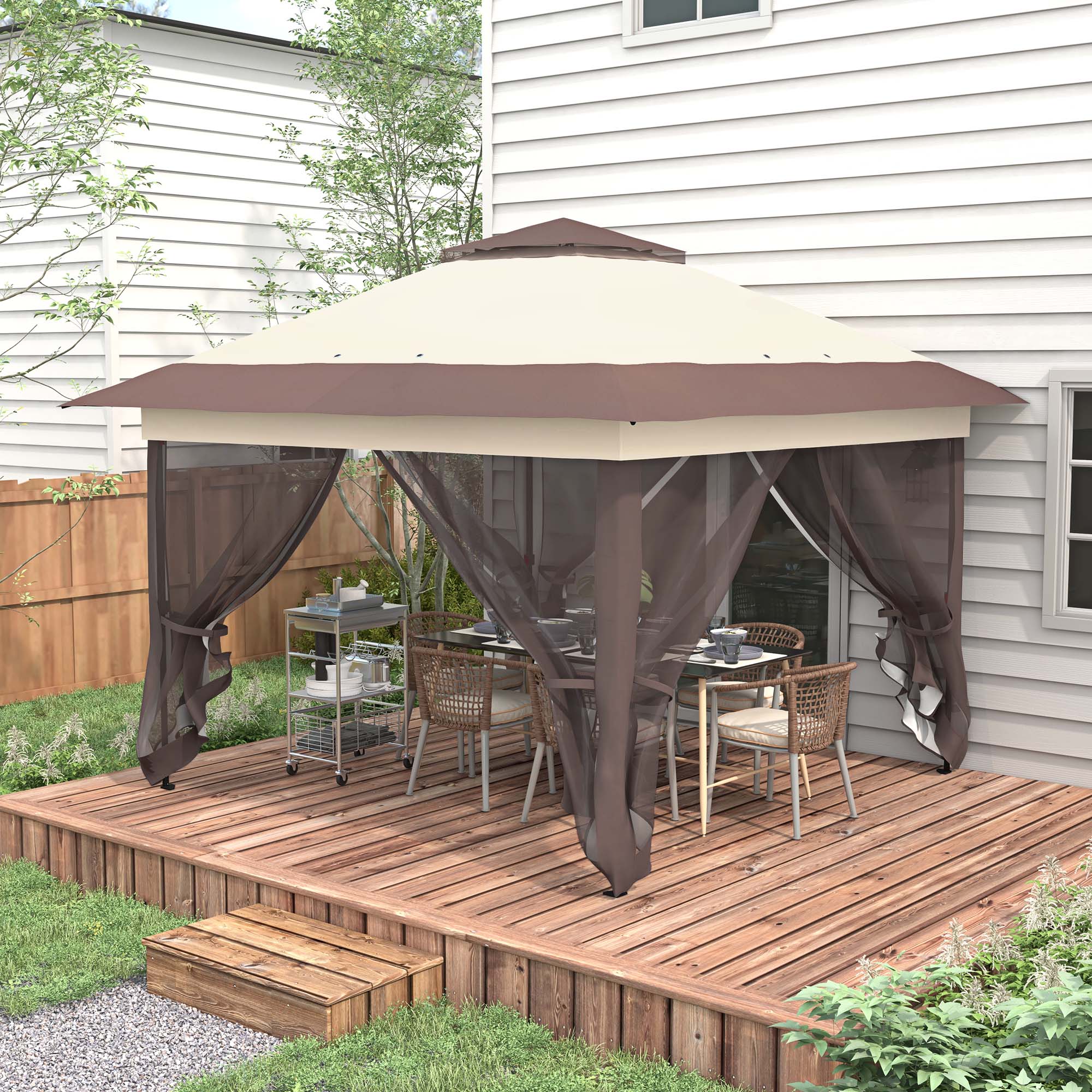 Outsunny Gartenpavillon Pop-Up Faltbarer Stahl Polyester Moskitonetze + Transporttasche mit Rollen Khaki Braun