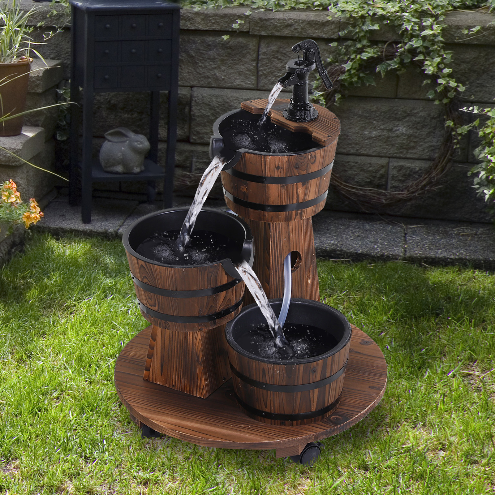 Outsunny Holzfass-Brunnen mit Wasserpumpe,Kaskadenbrunnen,ZImmerbrunnen,Rustikales Holz,Vintage-Stil,Einfach zu transportieren,Tannenholz,Verkohltes Holz,Maße 60 x 60 x 78 cm