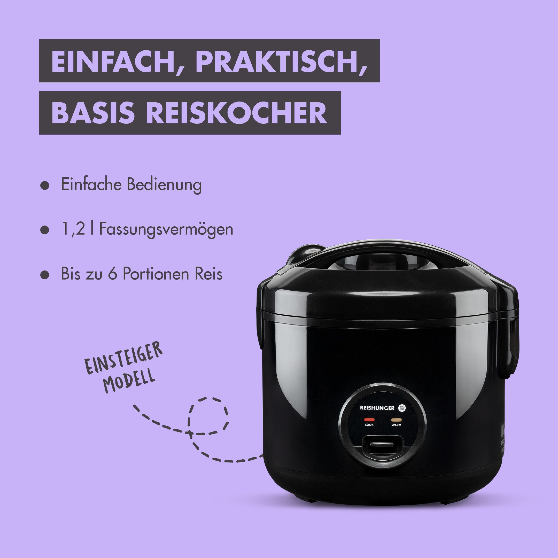Reiskocher REISHUNGER Basis Reiskocher, schwarz, 1,2L – Kennenlernset
