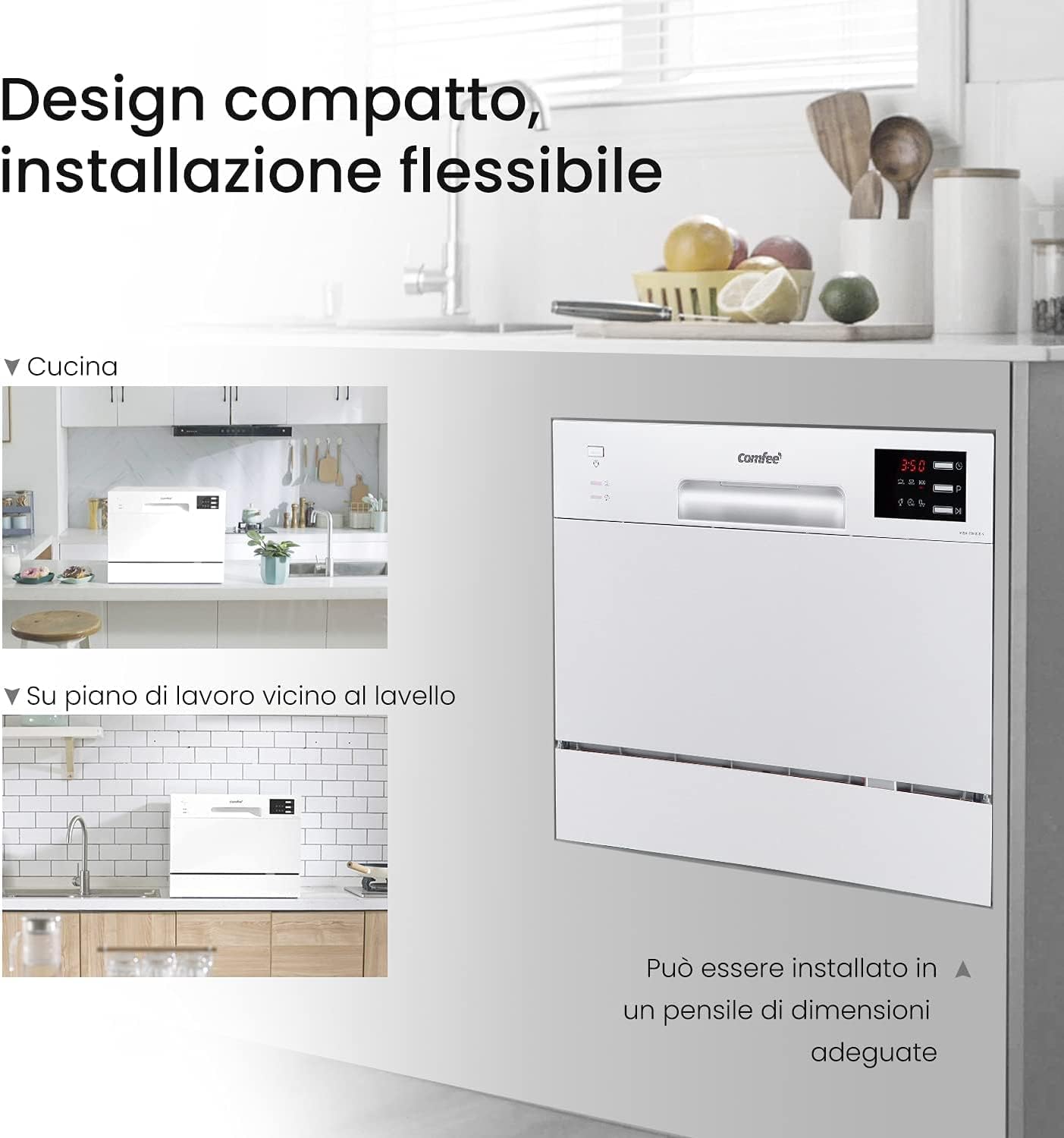Lavastoviglie compatta da tavolo TD602E-W Mini lavastoviglie con 6 coperti, 6 programmi, display a LED, avvio ritardato e funzione di lavaggio nelle Ore non di Punta - Bianco