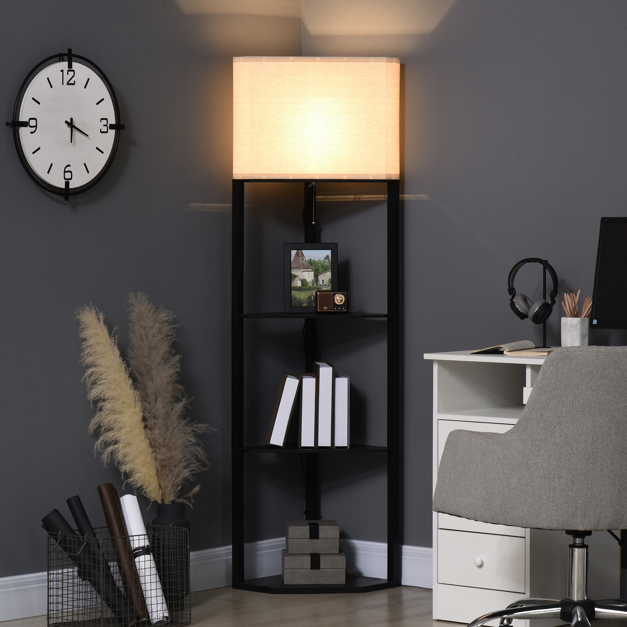 HOMCOM Stehleuchte, dreieckiges Design, 3 Regale, Stoff-Lampenschirm, 50x37x159 cm, Schwarz+Weiß