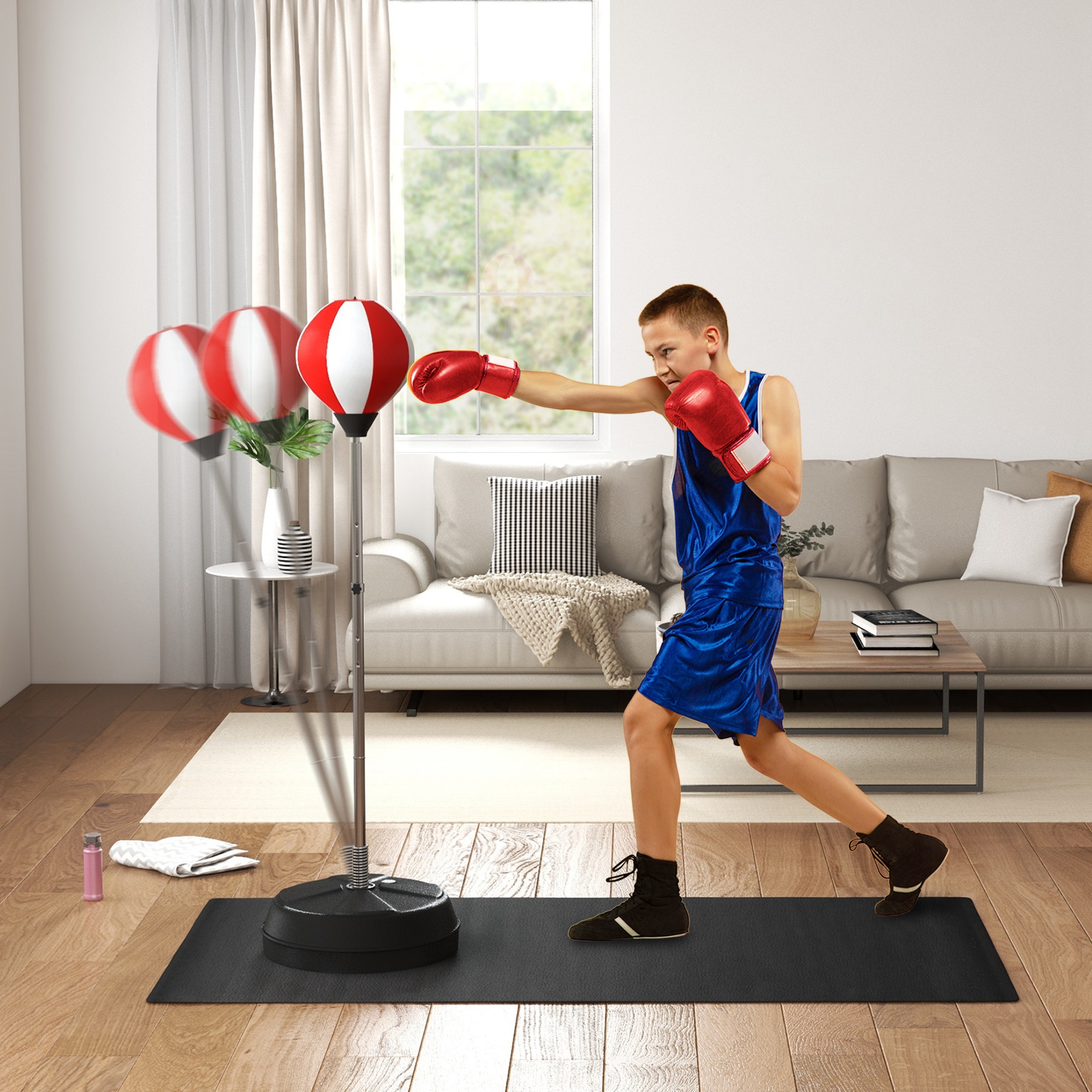 HOMCOM Standboxsack Punching Ball Standboxsack höhenverstellbar 126-144 cm mit Handschuhen, Pumpe und Standfuß