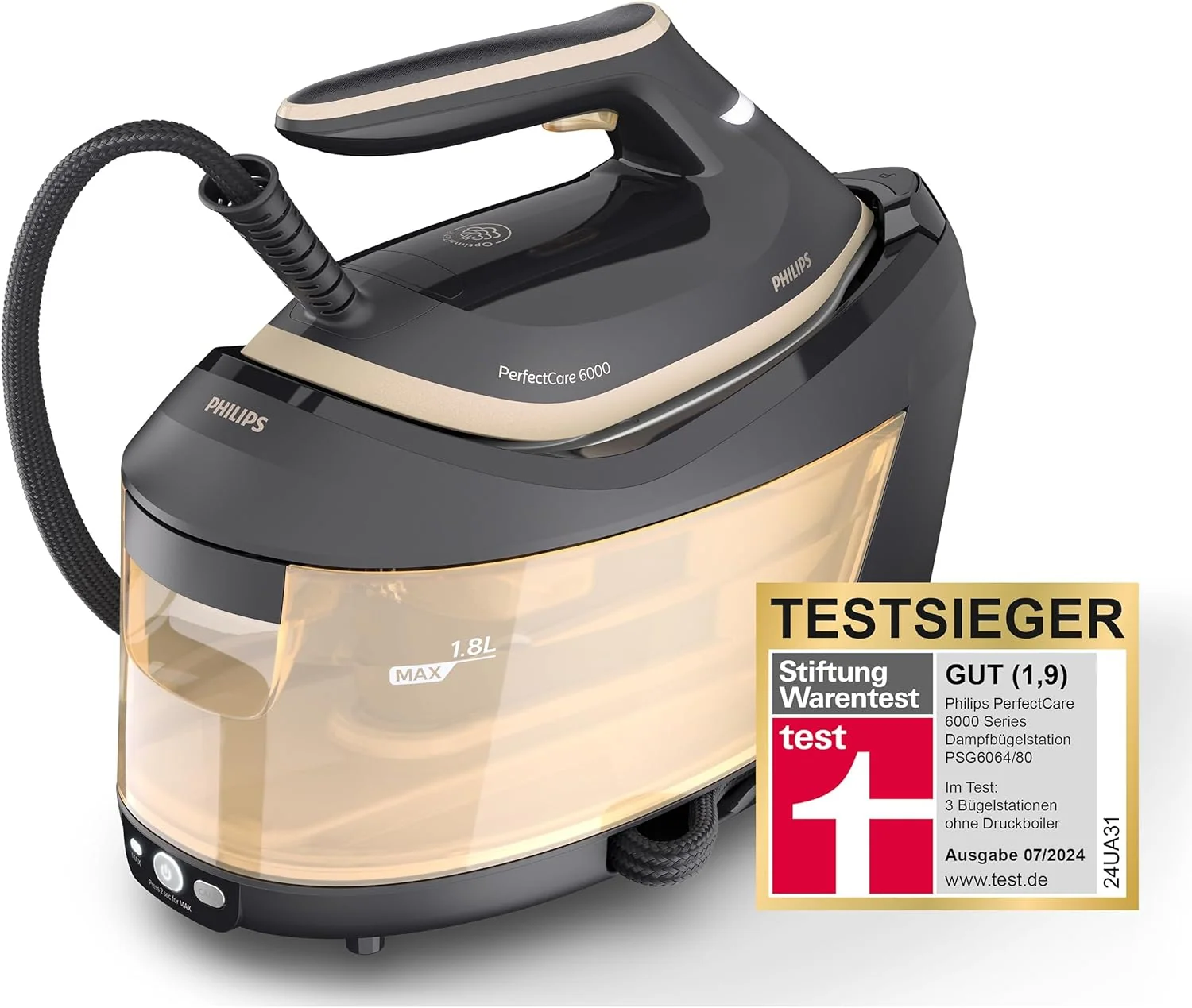 Philips PerfectCare 6000 Series Dampfbügelstation, Leistungsstarker Dampf, Kompaktes Design, 1,8L Abnehmbarer Wassertank, SteamGlide Advanced Bügelsohle (PSG6064/80)