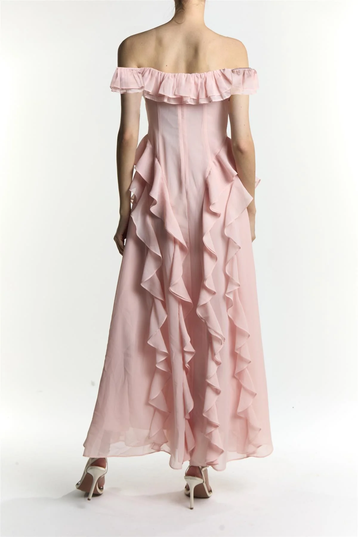 Ari Pale Pink Bardot Ruffle Maxi Dress