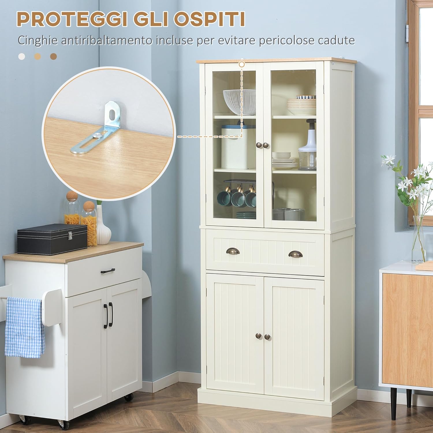 HOMCOM Mobile Dispensa a 5 Livelli con Cassetto Centrale, Dispensa per Cucina, Sala da Pranzo e Soggiorno con Ripiani Regolabili e Ante in Vetro Temperato, 76x40x182.5 cm, Bianco Crema