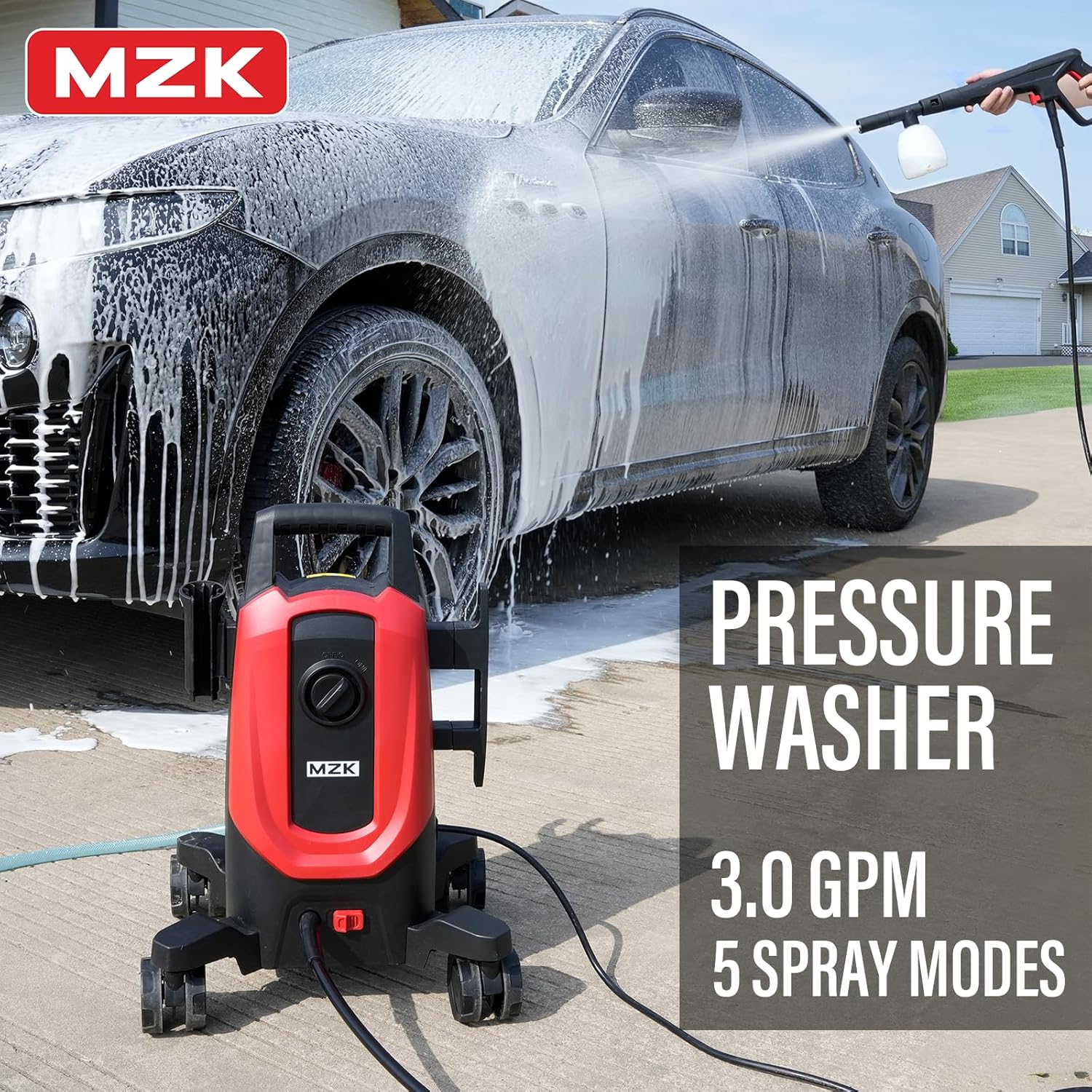 MZK electric high-pressure cleaner with 360° quick-connect nozzle and easily replaceable foam cannon