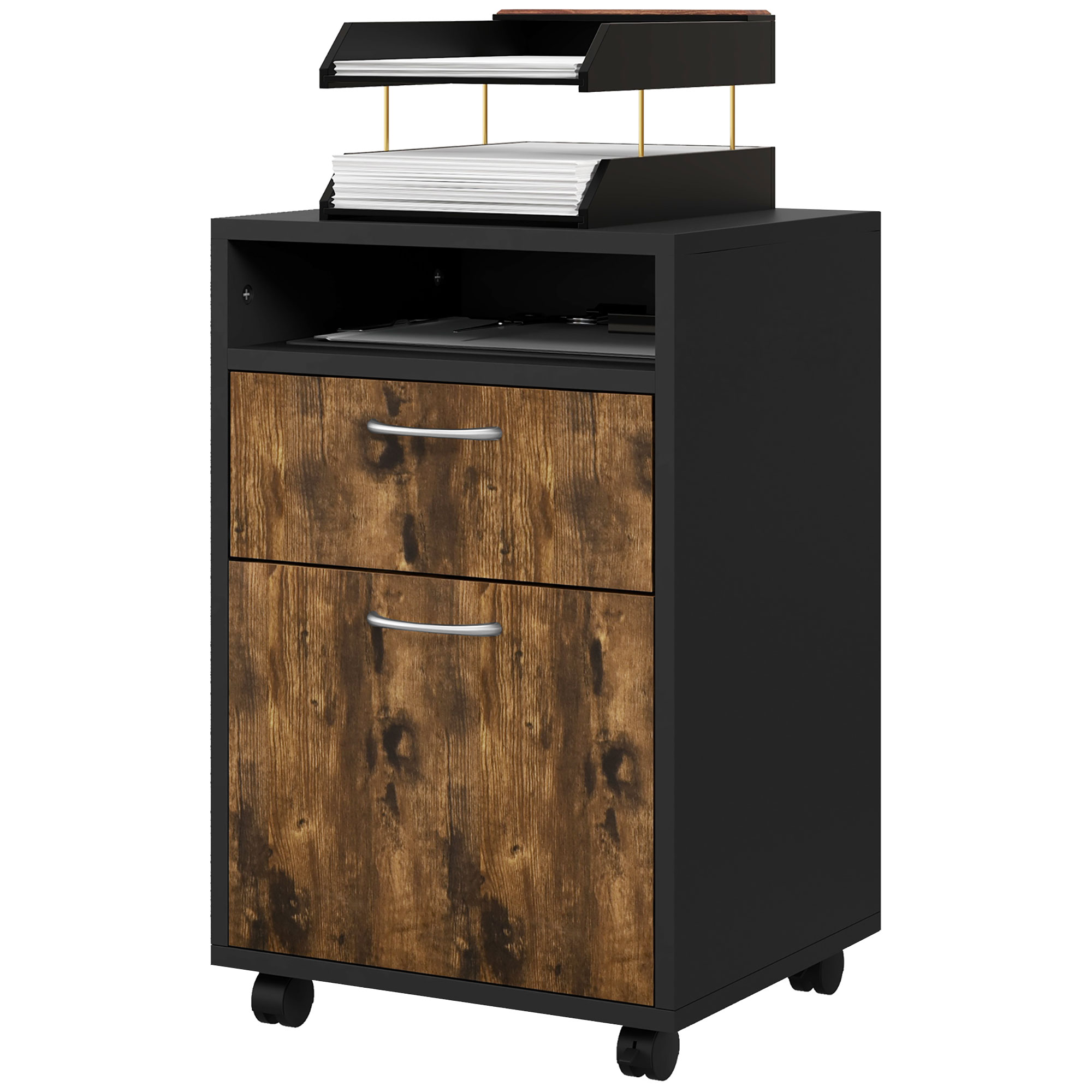 HOMCOM Rollcontainer mit Schublade und Regal, 4 Räder, 40x35x60cm, Braun und Schwarz