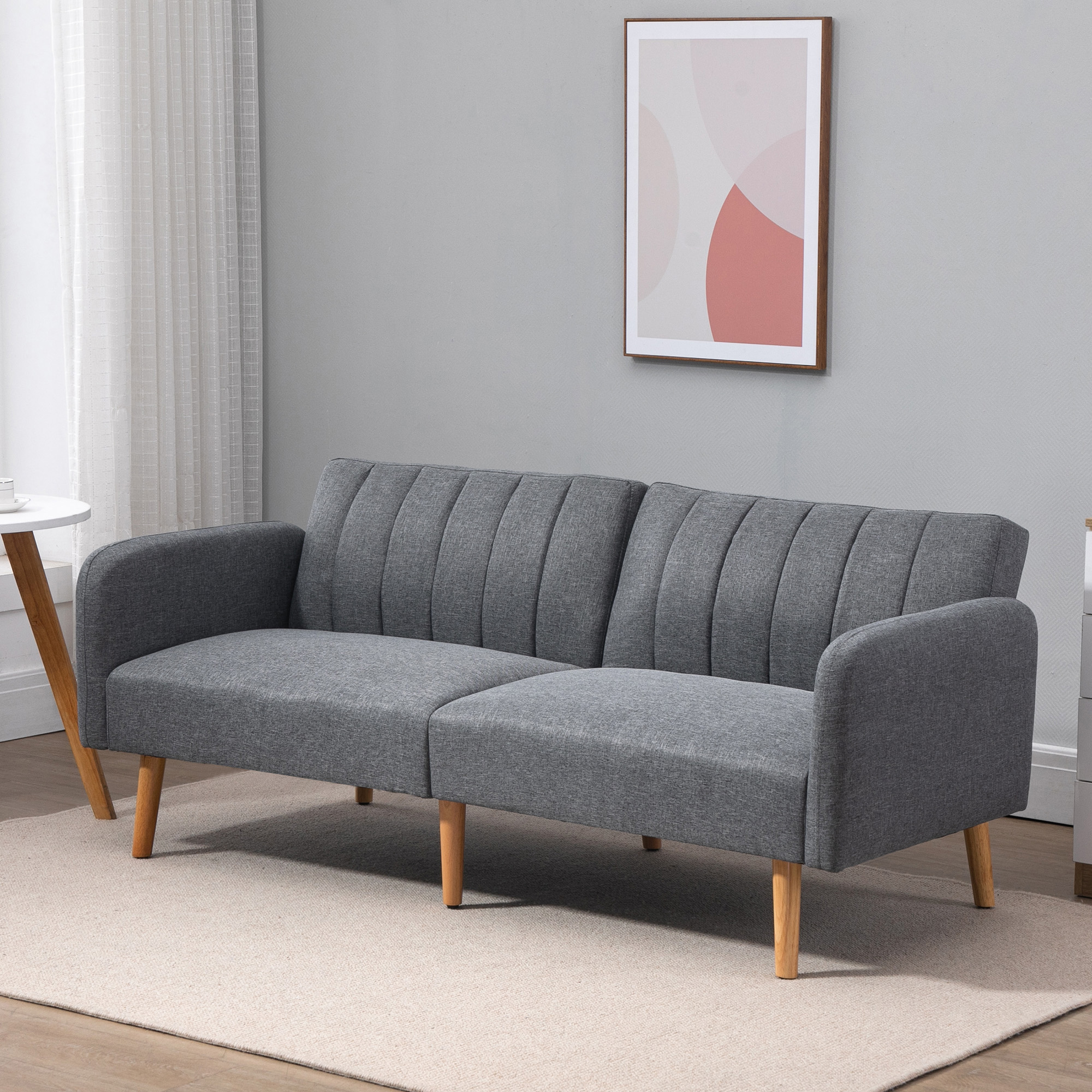 HOMCOM Schlafsofa, 2-Sitzer Stoffsofa, Sofa mit Schlaffunktion, leinenartiges Polyester, Kautschukholz, 173 x 75 x 73 cm, Grau