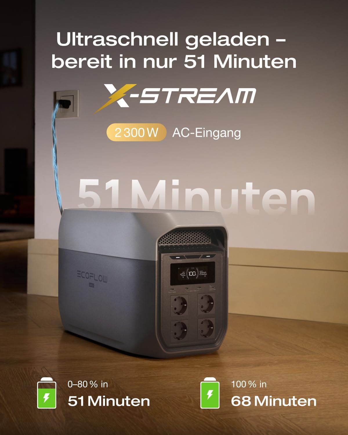 ECOFLOW Delta 3 Max tragbare Powerstation 2 048 Wh, 2 400 W X-Boost Ausgang, 0–80% Ladung in nur 51 Minuten, LiFePO4 Batterie, Solargenerator für Zuhause, Stromausfälle, Wohnmobil, Outdoor