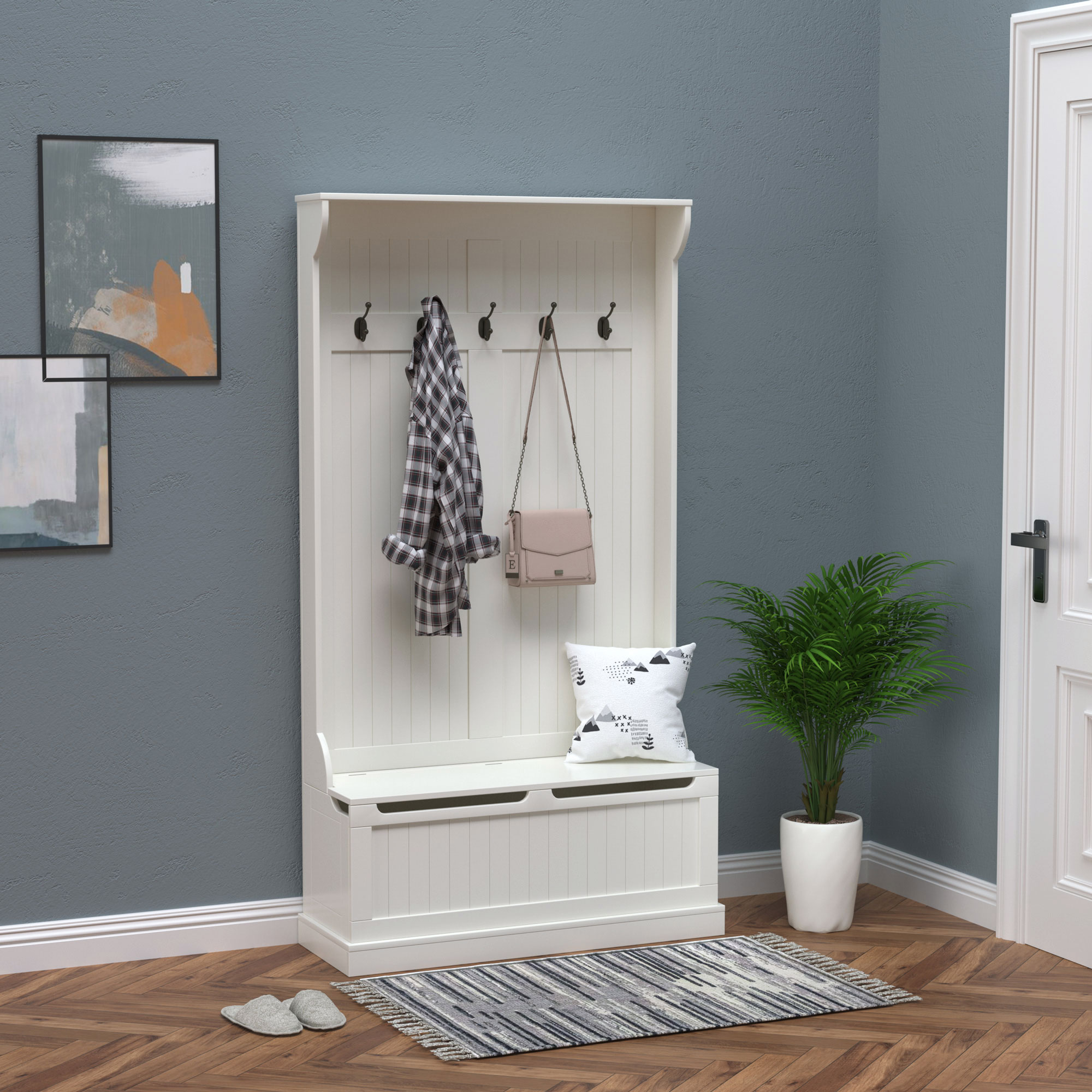 HOMCOM Garderobe mit Sitzbank, 5 Kleiderhaken, 1 Stauraum, Wandgarderobe, Weiß + Schwarz