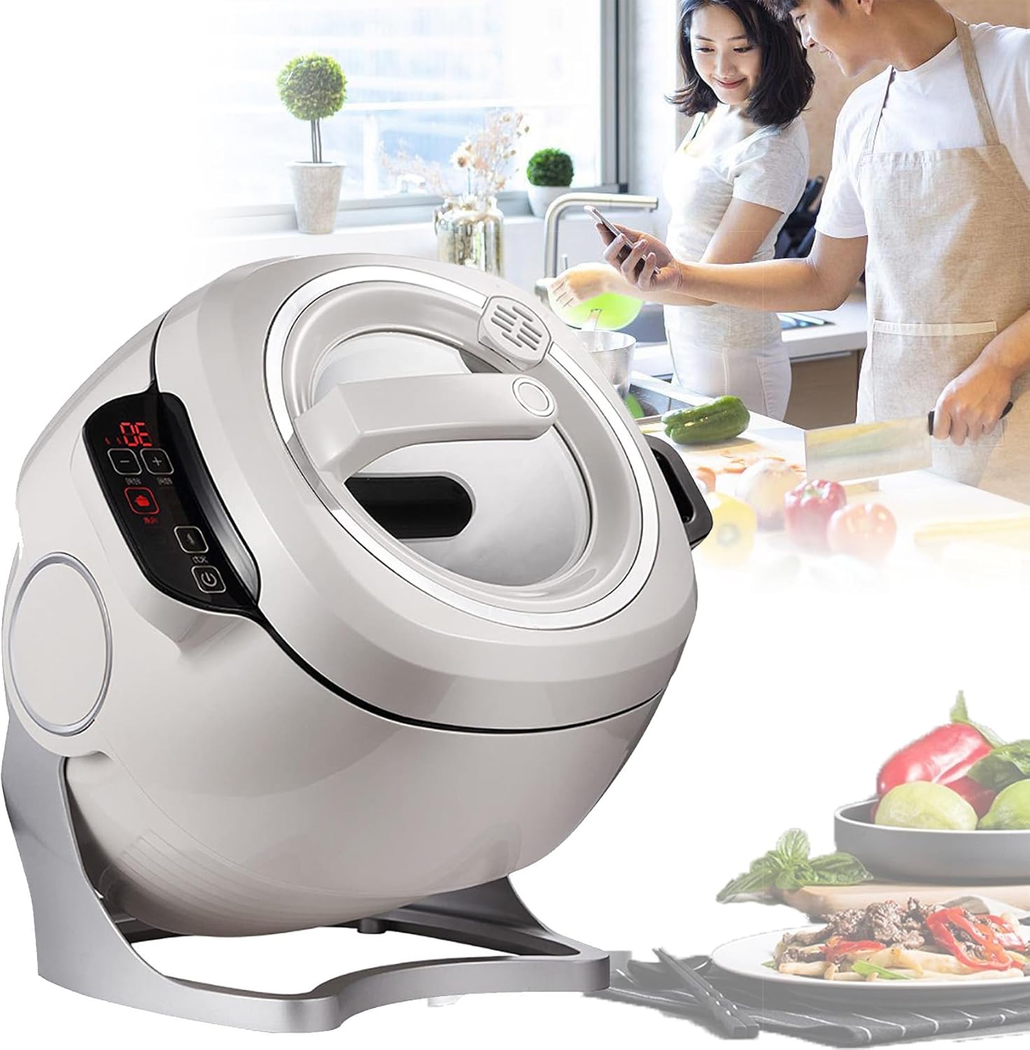 Macchina da cucina automatica intelligente da 6 litri con rotazione a 360° e riscaldamento 3D a tutto tondo, macchina multifunzione per friggere in padella per casa e ristorante, regolabile a tre