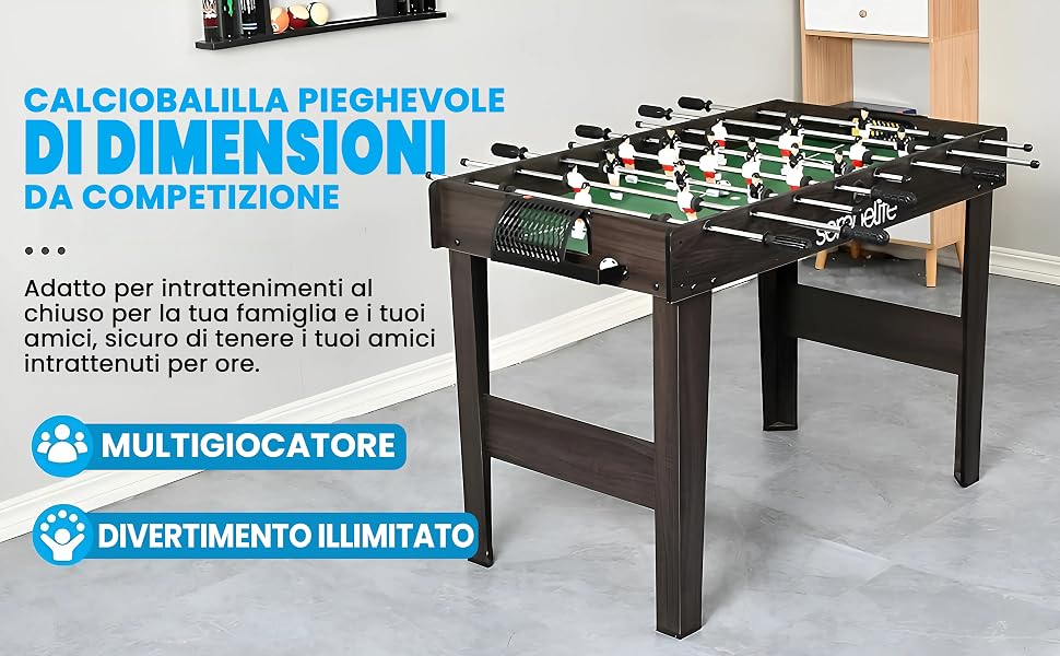 Biliardino con testo in italiano che ne promuove le dimensioni da competizione. Pubblicizzato come multigiocatore con intrattenimento illimitato