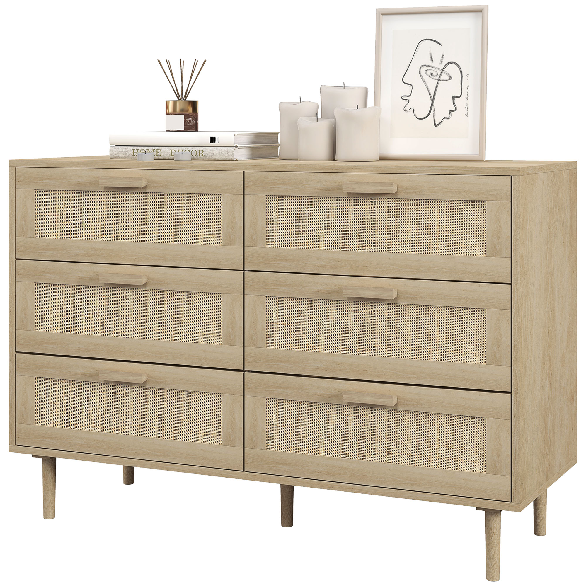 HOMCOM Kommode 6 Schubladen Aufbewahrungsmöbel mit Rattanflechtwerk 110L x 40B x 75H cm Holzoptik