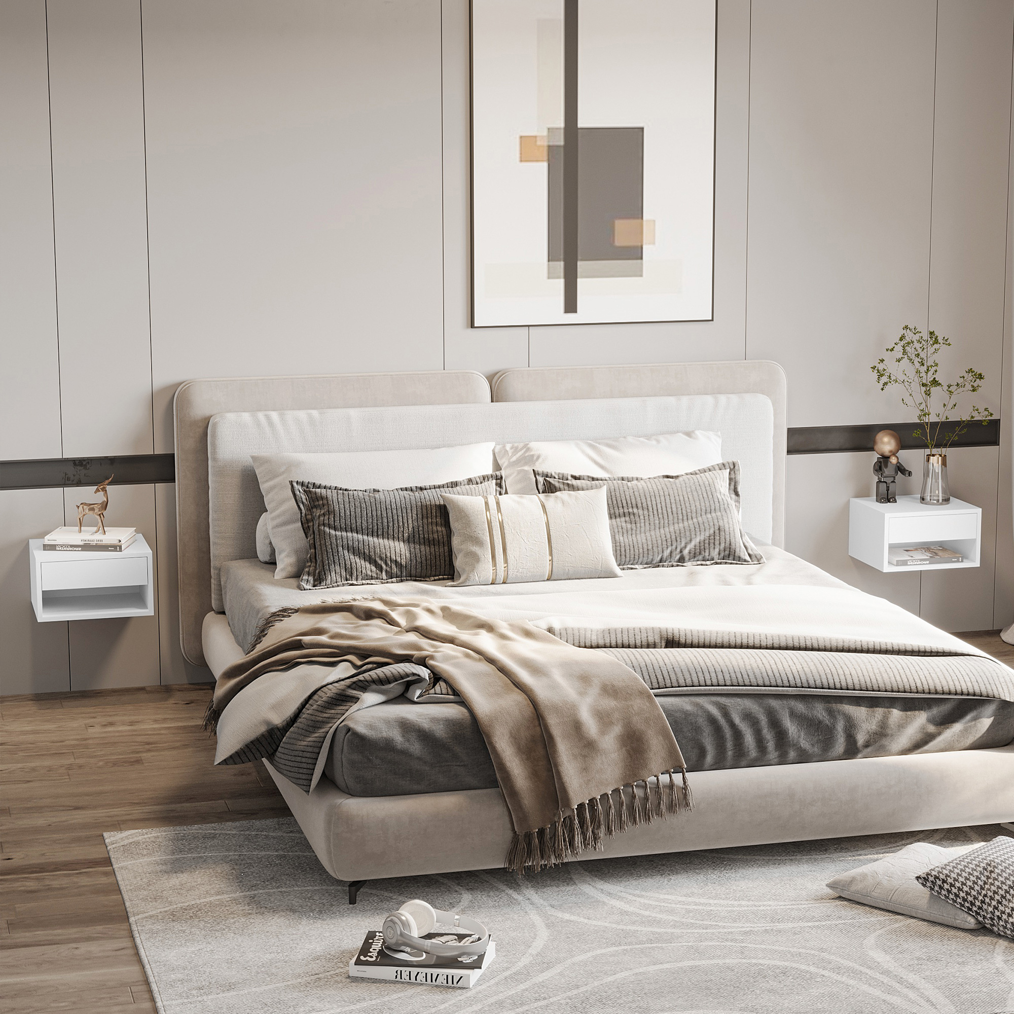 HOMCOM Set aus 2 Wand-Nachttischen Nachttisch ausziehbare Schublade Fach Regal Holz Maße 37B x 32T x 21H cm Weiß