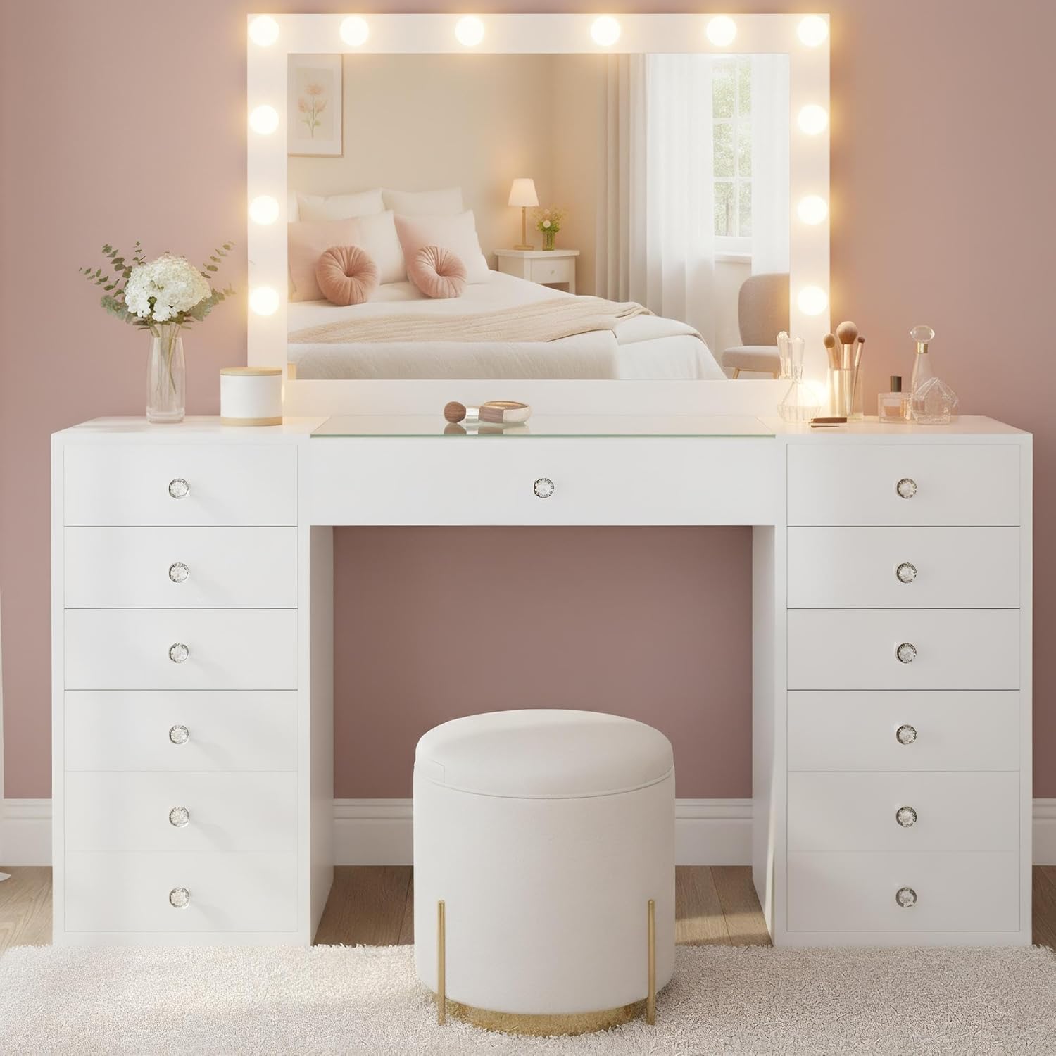 CLP Atalla Makeup Table with Lighting and Mirror, 100 x 80 cm, Hollywood LED Mirror with 3 Light Shades, USB-A and USB-C Sockets, Colour: White