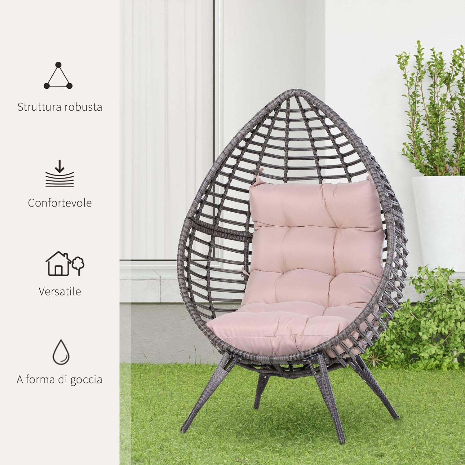 Outsunny Outdoor Rattan Chair with Cushion Grey and Beige Teardrop Shape Boho Chic Style 101 x 89 x 156 cm