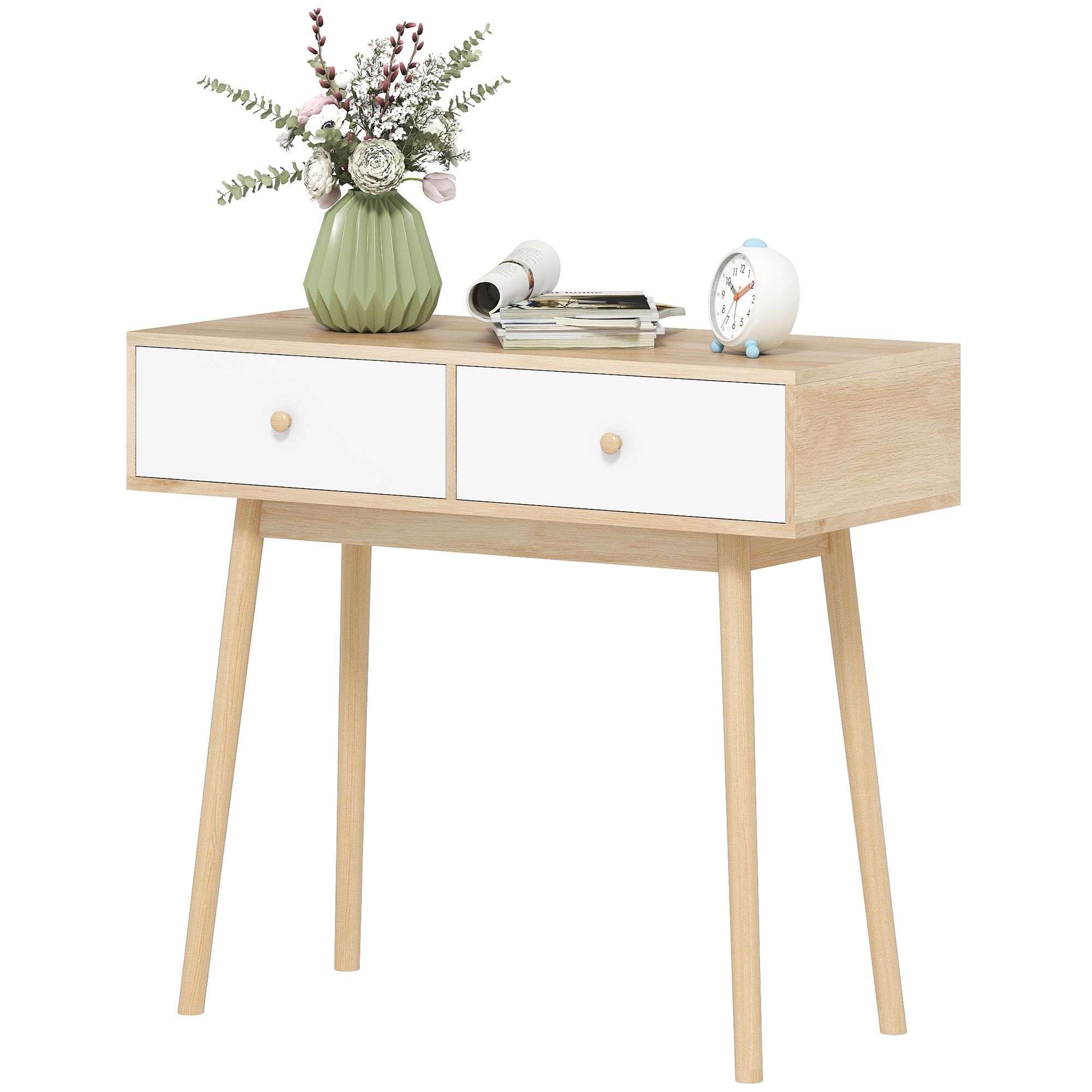 HOMCOM Konsolentisch mit 2 Schubladen und Holzfüßen, für Wohnzimmer, Eingang, Flur, 86 x 35 x 75 cm, Eiche und Weiß