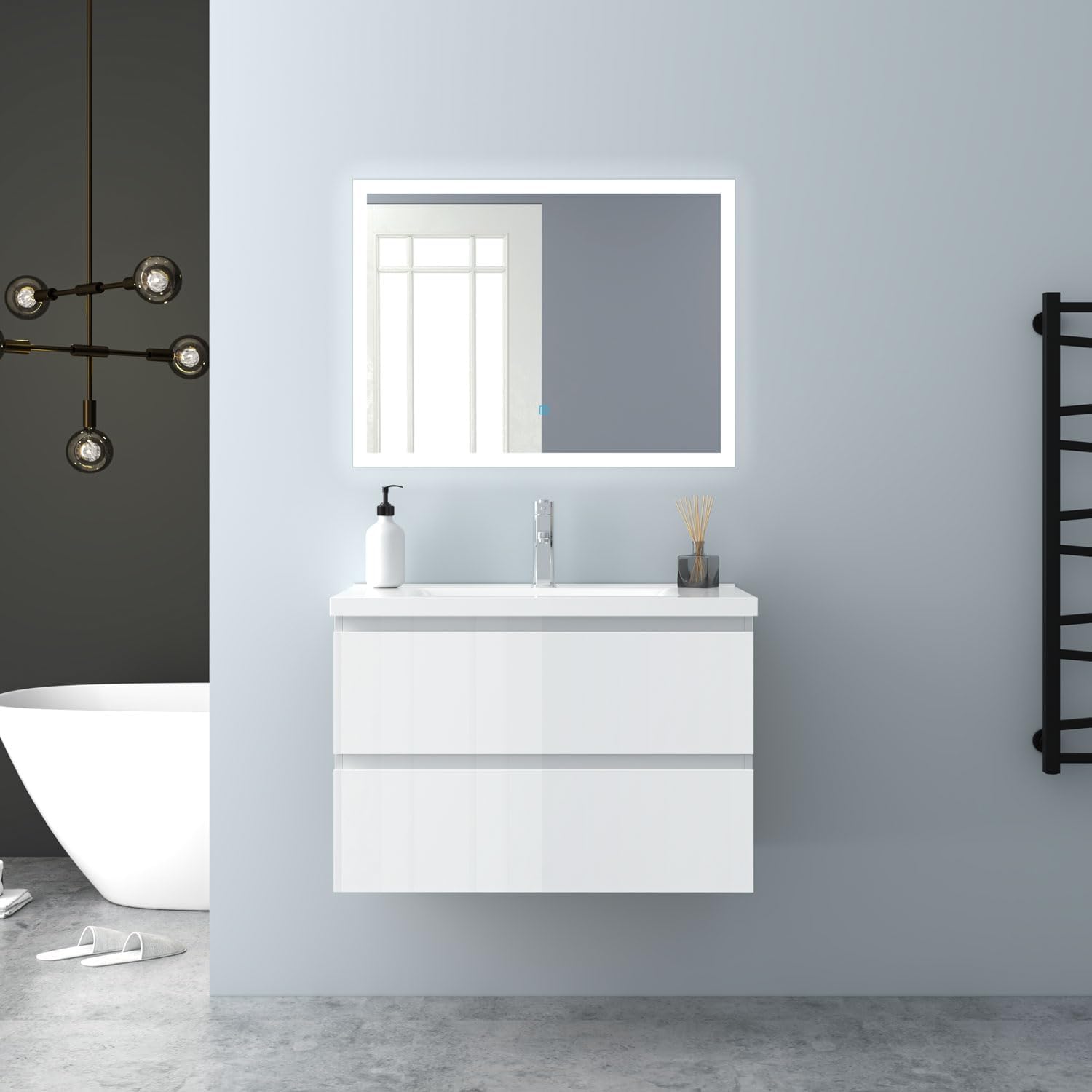 Badezimmermöbel 80cm Keramik Waschtisch mit Unterschrank Badmöbel Set Badezimmerschränke mit 2 Soft-Close Schubladen Hochglanz Weiß