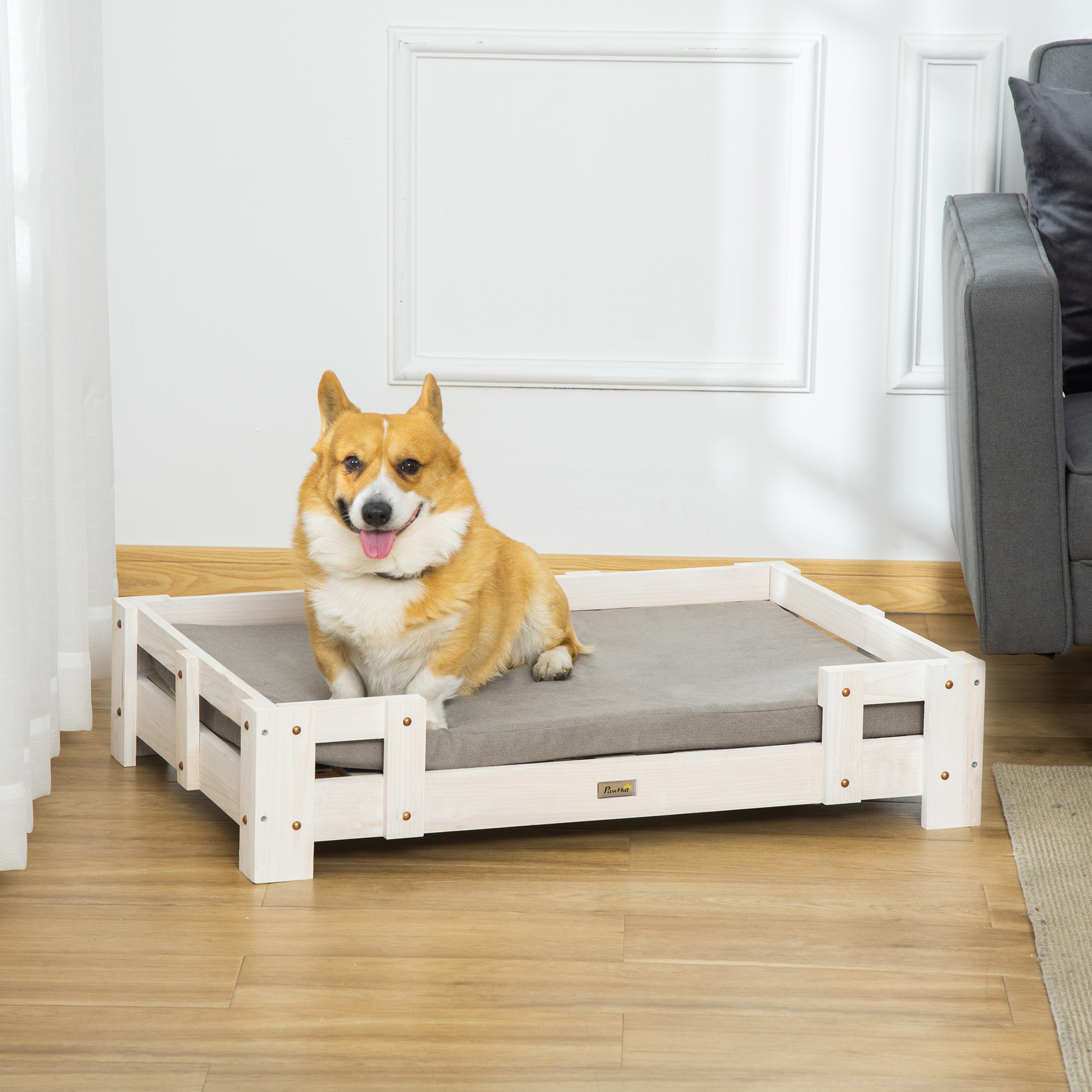 PawHut Hundesofa Erhöhtes Haustiersofa mit Kissen Katzensofa Hundecouch Hundebett Haustierbett Hundeschlafplatz für mittelgroße Hunde waschbarer Bezug Weiß+Grau 90 x 60 x 20 cm
