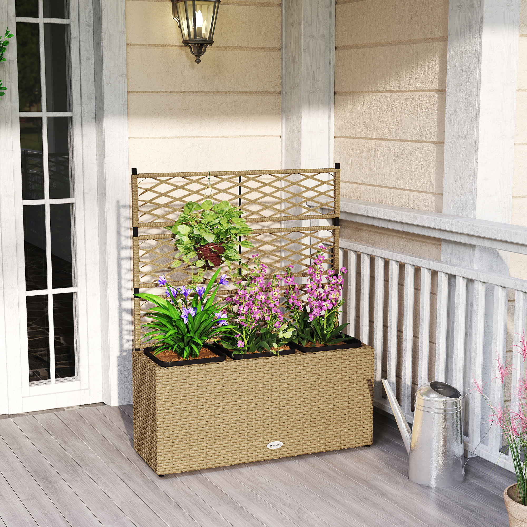 Outsunny Pflanzkübel mit Rankgitter 3 Töpfe Pflanzenkübel 33L Außenbereich Kunststoffgeflecht 84 x 30 x 107 cm Sand Schwarz