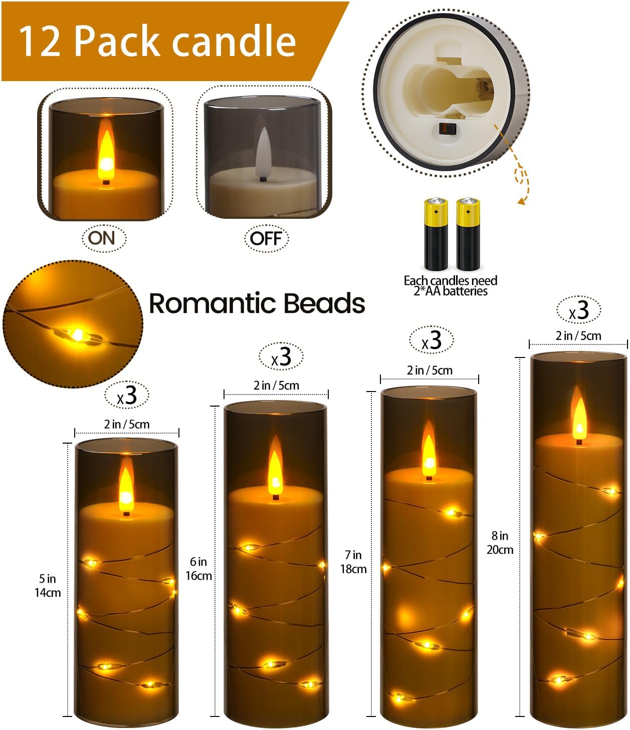 ACROSS Graue flammenlose Kerzen mit Lichterkette, batteriebetriebene LED-Stumpenkerzen, 12,7 cm, 15,2 cm, 17,8 cm, 20,3 cm, Kerze mit Fernbedienung, künstliche Kerzen, Set mit 12 Stück, für besondere