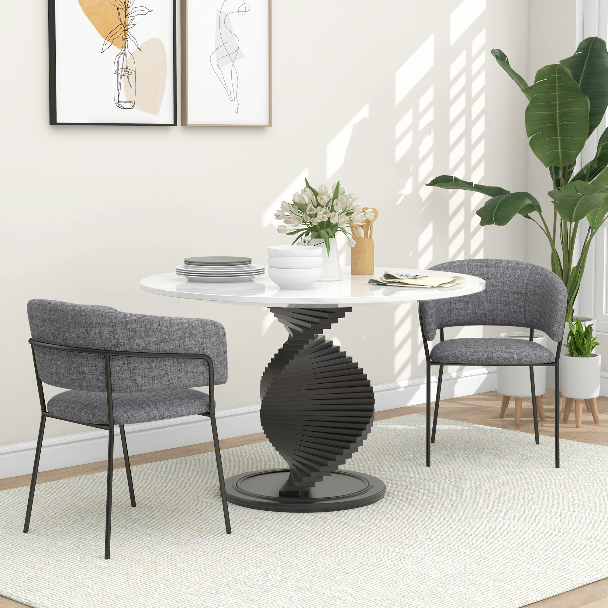 HOMCOM 2er Set Esszimmerstühle mit Stahlbeinen, gepolsterter Sitzfläche aus Leinenstoff, grau