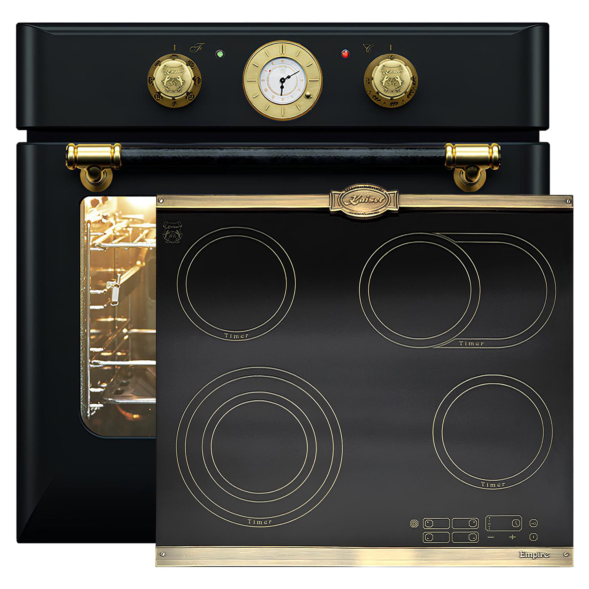 Backofen-Set Herd Set Autark Retro Einbau Backofen Elektro, 68 L mit Glaskeramik Kochfeld 60 cm Einbau Herd 4 QuickHeat-Kochzonen Hi-Light Schwarz EH 6432 BE +KCT 6185 Em