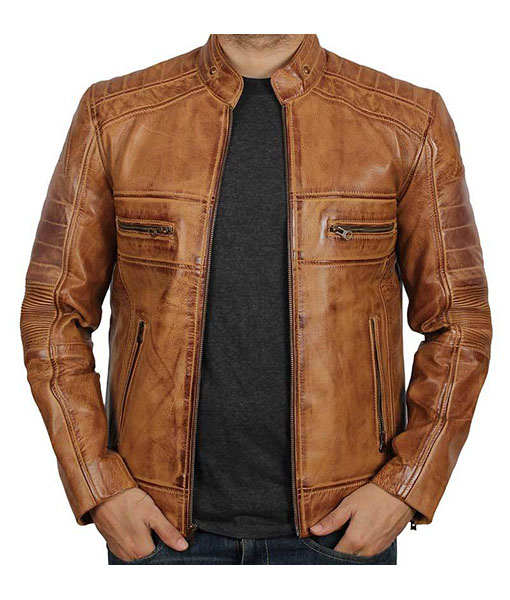Mens Tan Quilted Biker Leather Jacket