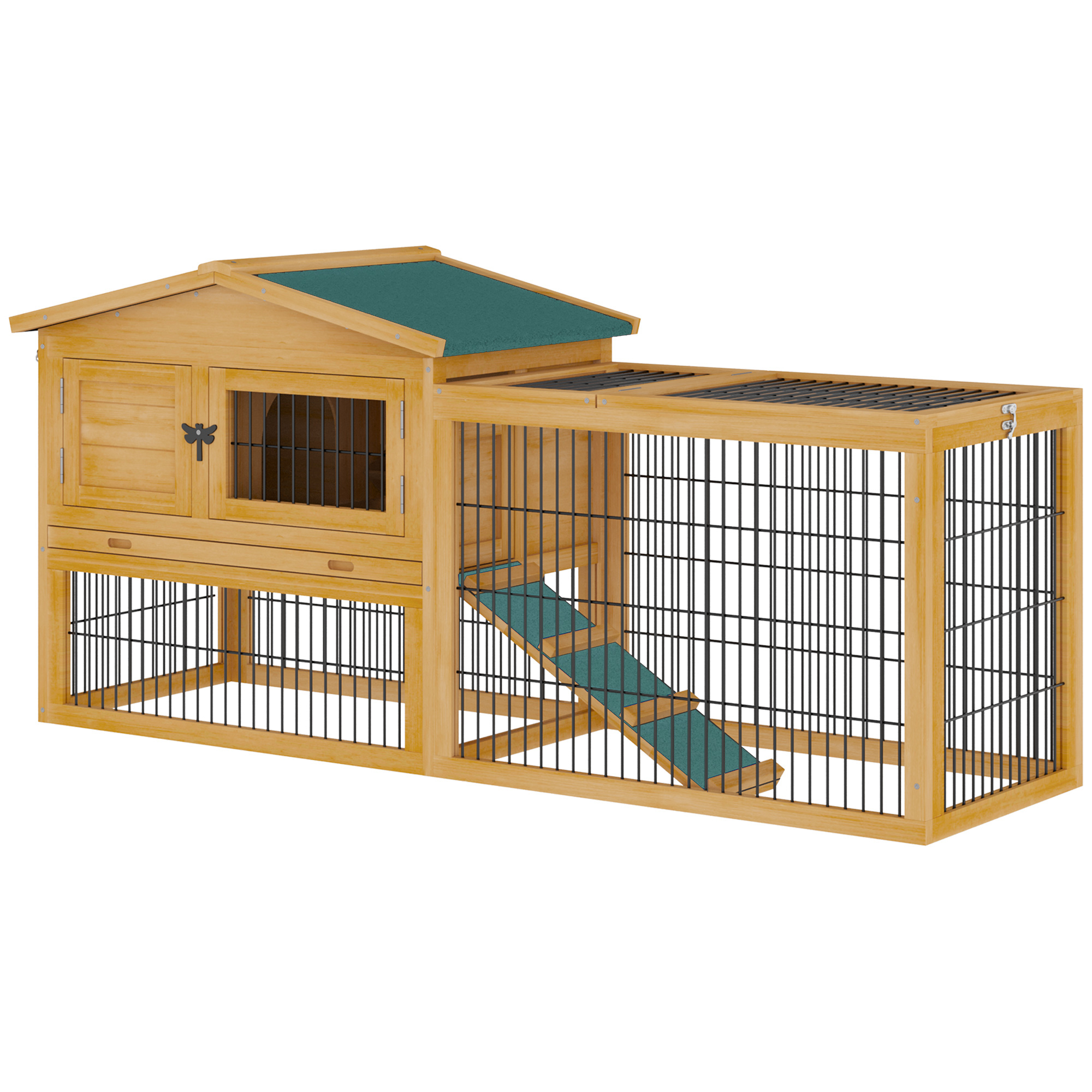 PawHut Kleintierstall kleintierkäfig mit Freigehege Meerschweinchenstall Freilaufgehege Winterfest Outdoor Tierstall Tannenholz Natur+Grün 150 cm x 52,5 cm x 68 cm