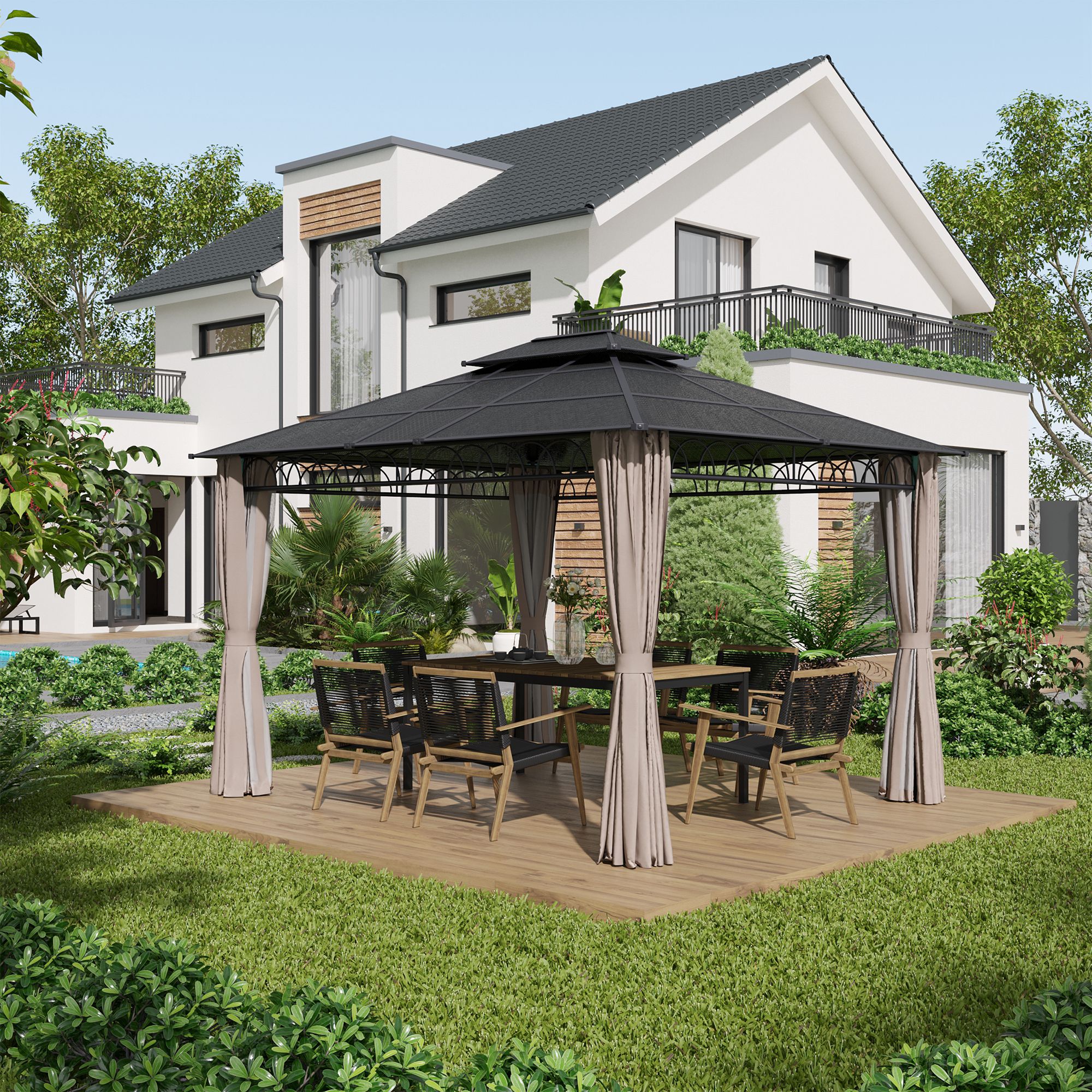 Outsunny Gartenpavillon mit Polycarbonatdach 4 Seitenwände UV-beständige Moskitonetze 4 x 3 m