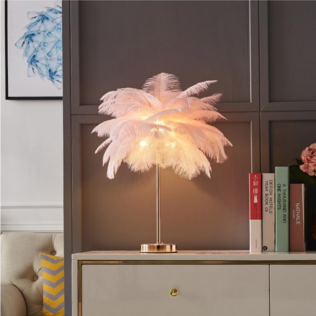 Fernbedienbare dimmbare Nachtlampe, Nachttischlamp USB wiederaufladbare verstellbare LED-Tisch-Nachttischlampe mit Straußenfedern, Weiß, 50 cm
