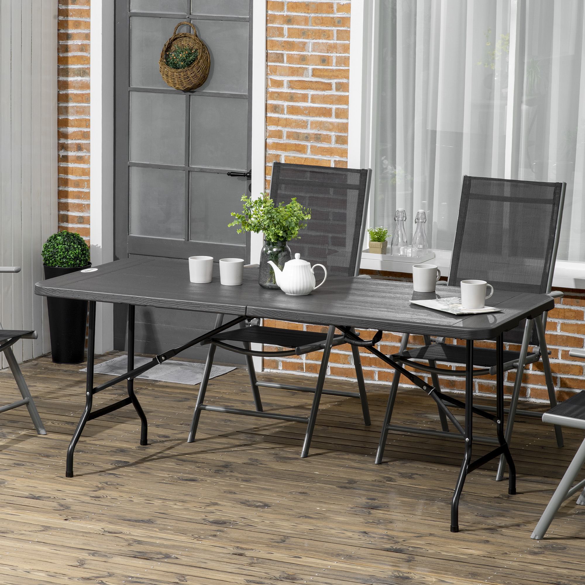 Outsunny Outdoortisch, Gartentisch, für 6 Pers., klappbar, Holzoptik, dunkelgrau, 180 x 75,5 x 73 cm
