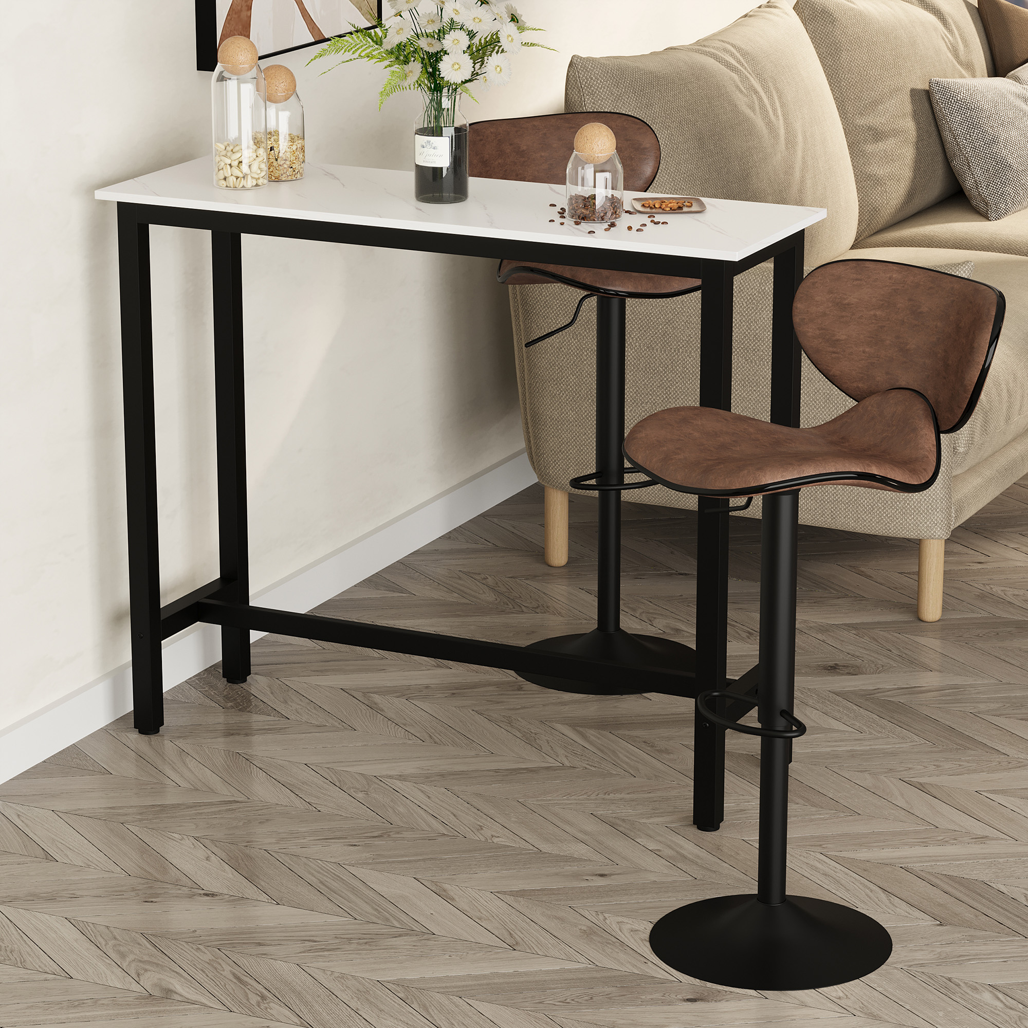 HOMCOM Bartisch in Marmoroptik, Stahlrahmen, Nivellierfüße, 120x40x100 cm, Weiß/Schwarz