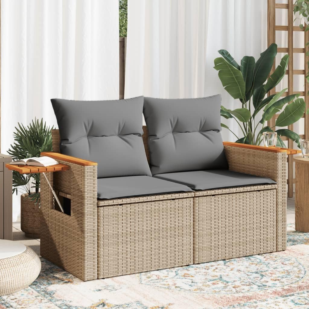 IKAYAA 2 Seater Outdoor Sofa with Storage Box Polyrattan Garden Lounge Polyrattan Outdoor Furniture Set with Cushions-Beige and Light Grey-2 Pieces