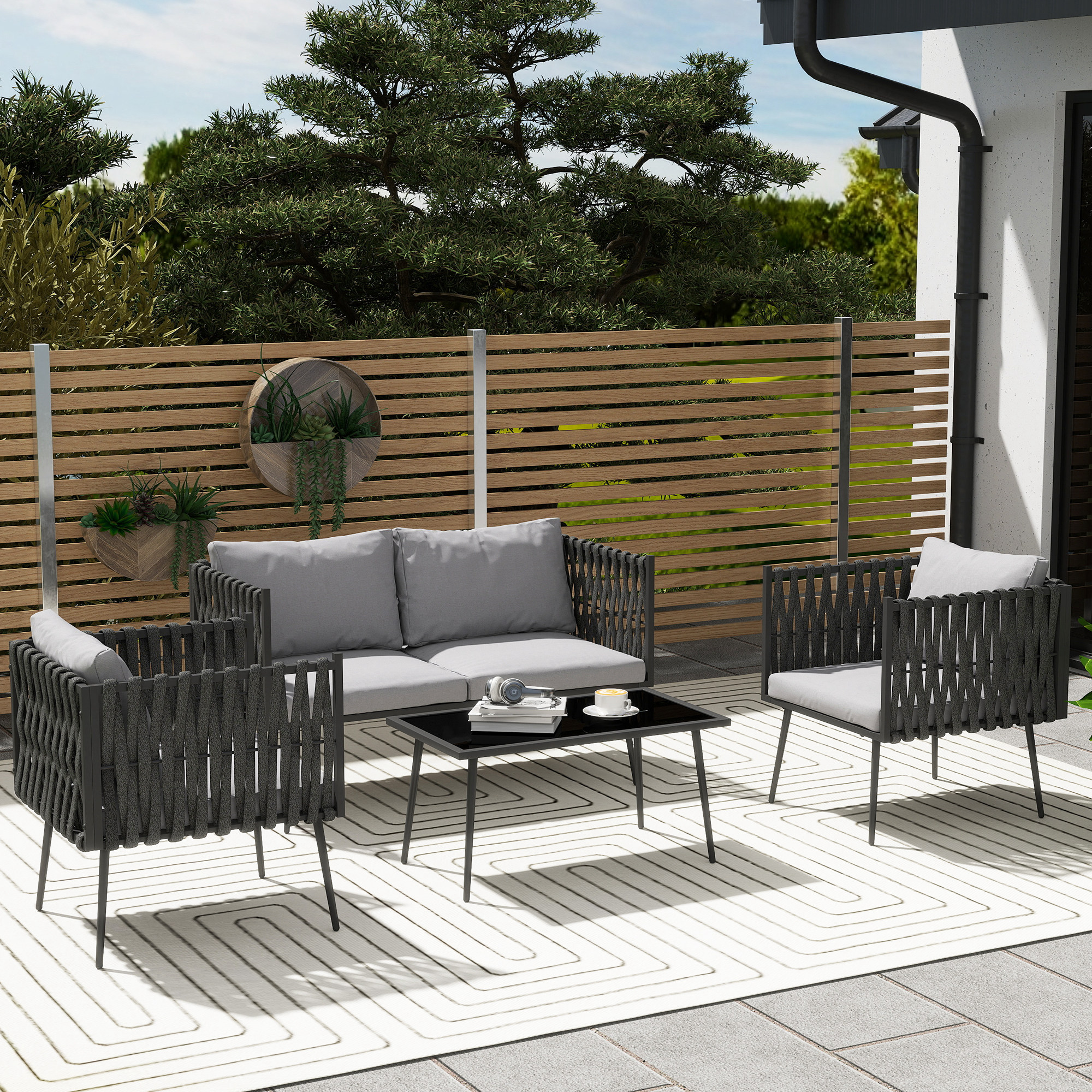 Weerbestendige Tuinset voor 4 Personen met Dubbele Sofa, Fauteuils en Glazen Tafel Inclusief Kussens Lichtgrijs