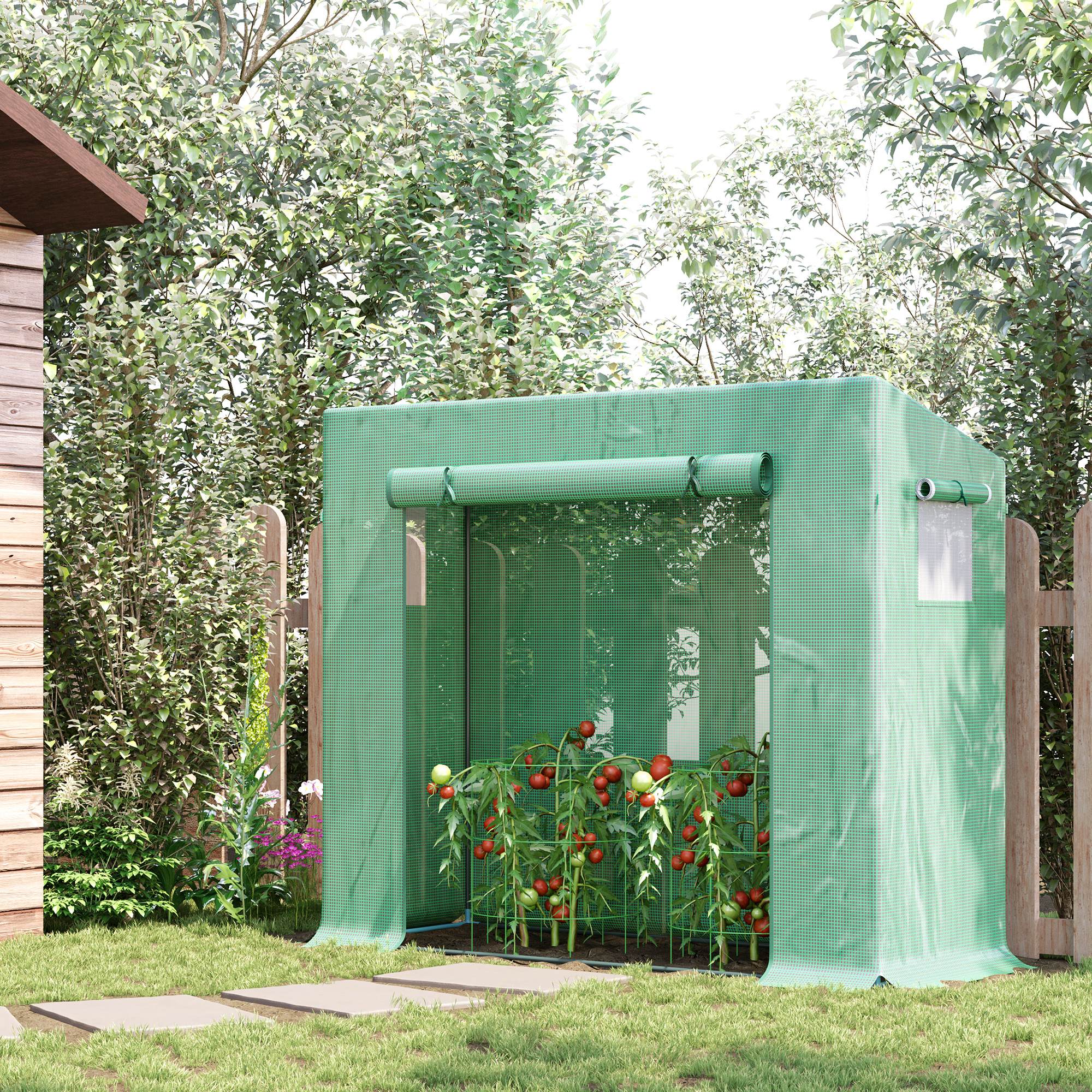 Outsunny Foliengewächshaus, Treibhaus mit Rolltür, Seitenfenster, für Garten, aus Stahl, Kunststoff, 200 x 76 x 168 cm, Grün