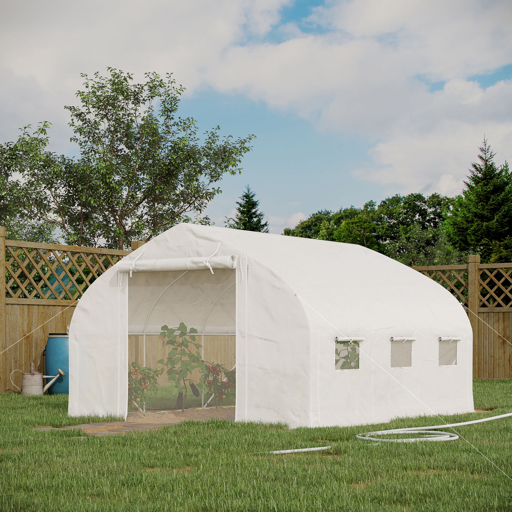 Outsunny Garten Tunnel-Gewächshaus 10,4 m² UV-Schutz aufrollbare Reißverschlusstür Mesh-Fenster 350 x 300 x 200 cm weiß