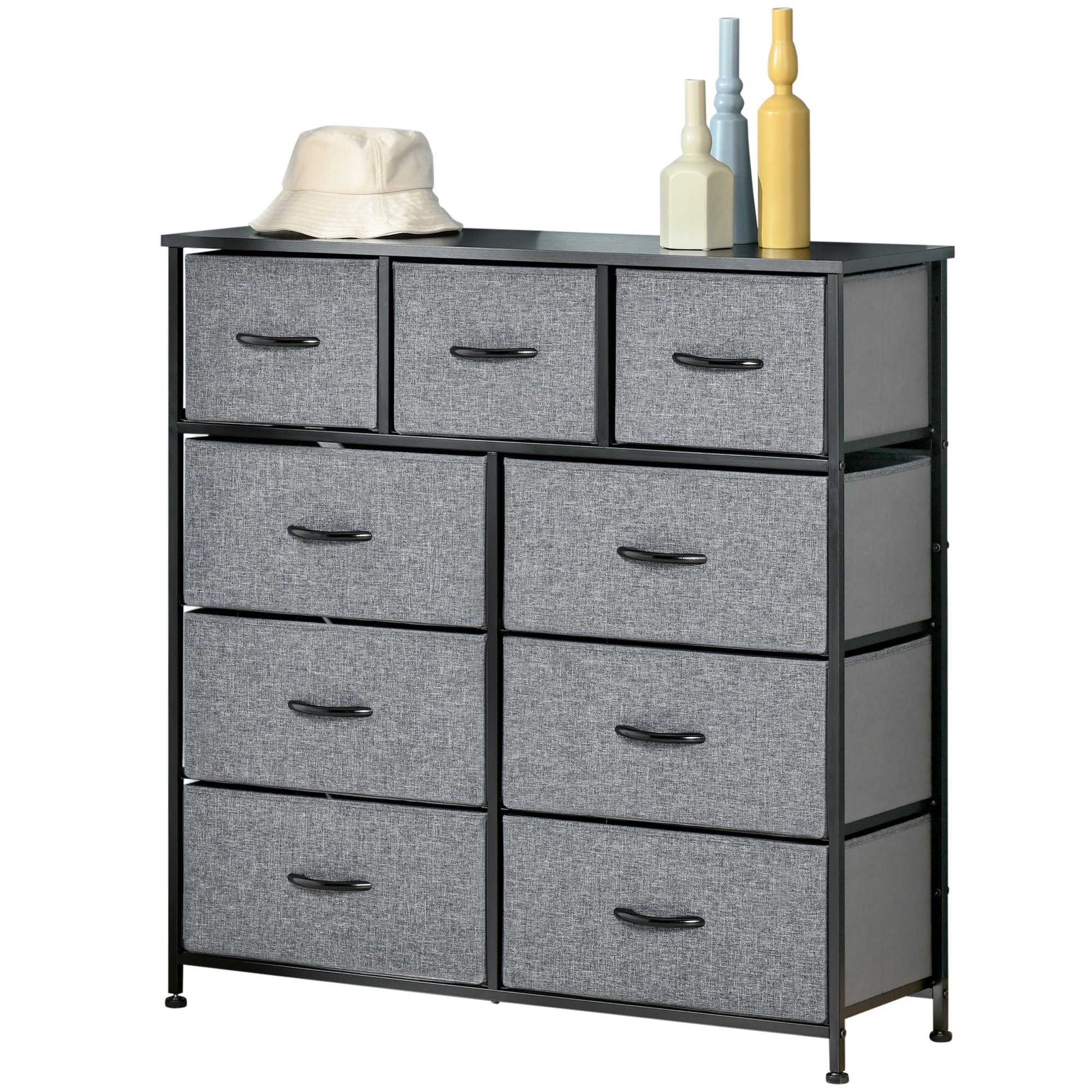 HOMCOM Kommode 9 Schubladen Aufbewahrungsmöbel faltbare Stoffschubladen - schwarze Stahlstruktur - 100 x 30 x 100 cm, Schwarz und Grau
