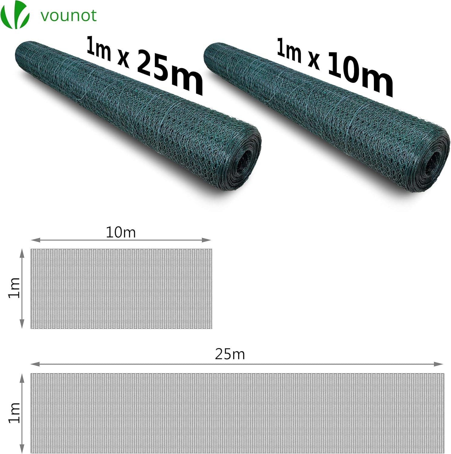 VOUNOT Rete Metallica Plastificata, Reti Recinzione per Pollame, Animali e Piante, Maglia Esagonale 13mm, 100cm x 25m, Verde