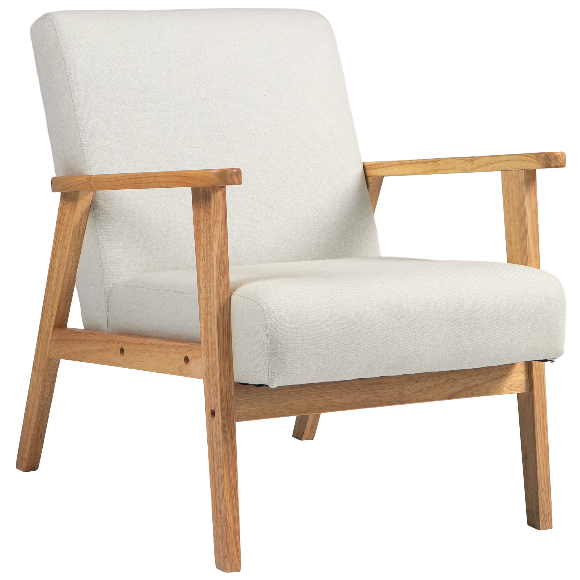 HOMCOM Loungesessel Lounge Relaxsessel Einfacher Sessel für Schlafzimmer Gestell aus Hevea-Holz Leinenbezug Creme