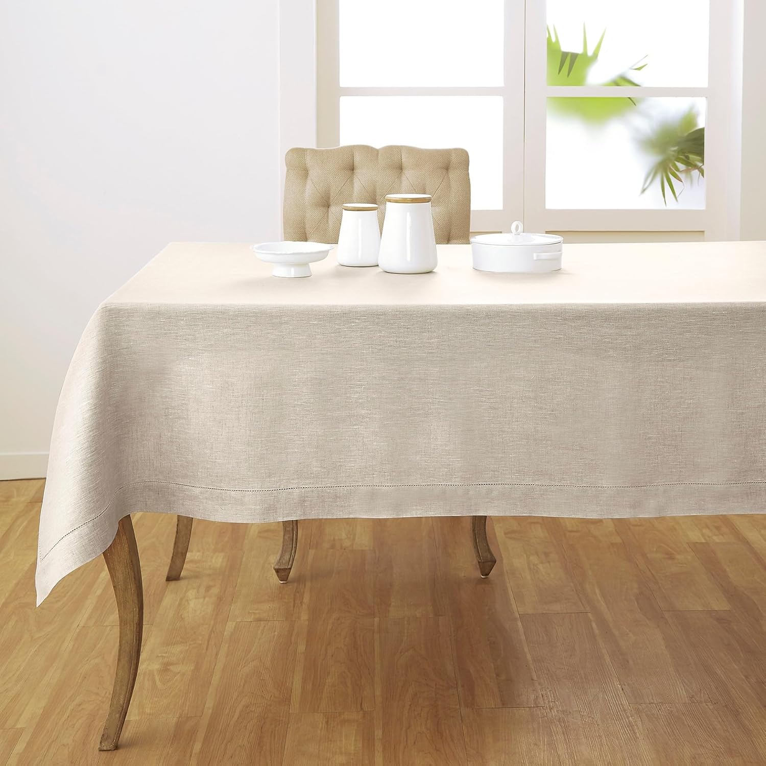 Solino Home Linen Dinner Napkins and Tablecloth 60 x 120 Inch - 100% Pure Linen Cloth Fabric Classic Hemstitch - Handcrafted from European Flax and Machine Washable