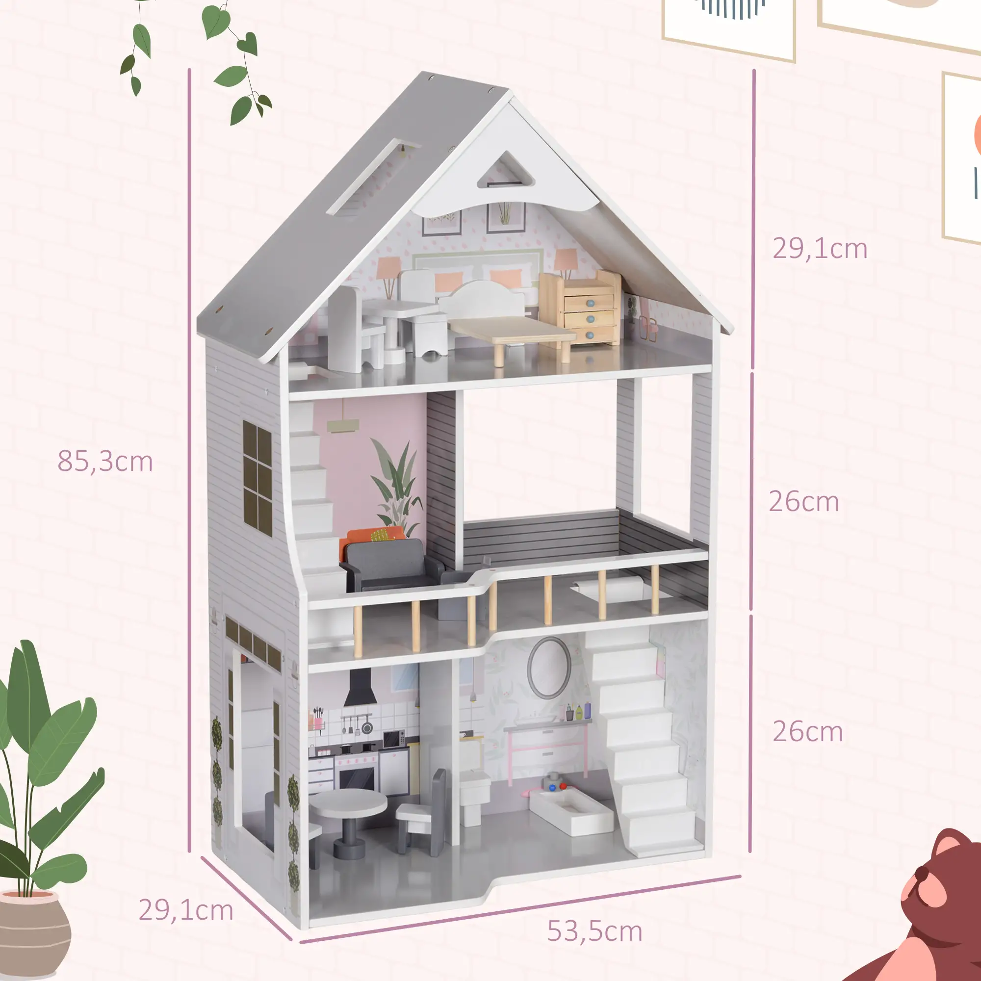 AIYAPLAY Puppenhaus Holz 3-stöckig mit 13 Möbeln offenes Spiel
