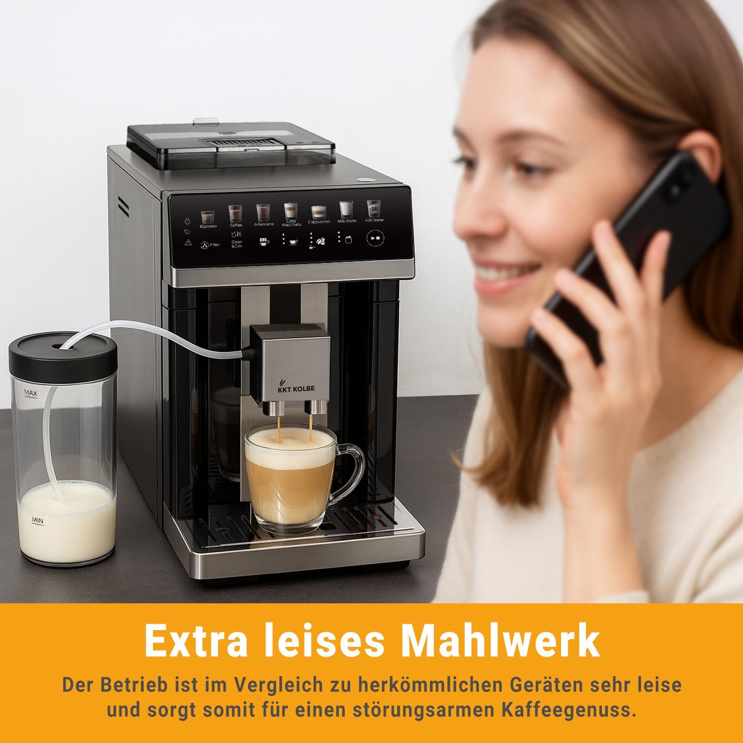KKT KOLBE One Kaffeevollautomat mit Milchbehälter, Milchschaumdüse und Zubehör, 2 Tassen Funktion, 15 Bar, 7-stufiges Mahlwerk, Touchscreen, Automatische Reinigung, 7 Getränke, schwarz silber