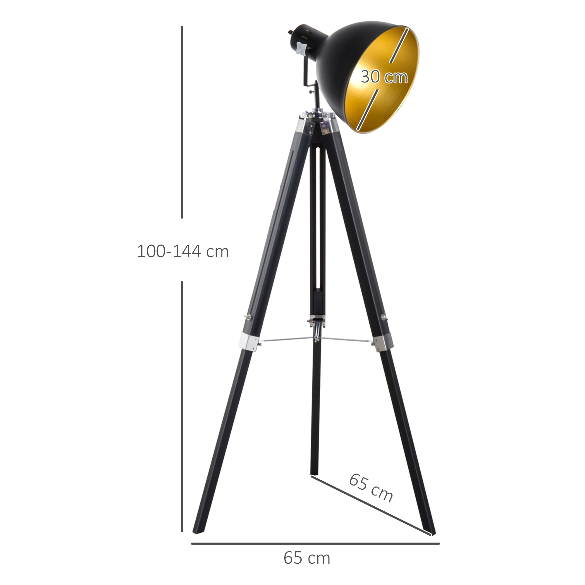 ? staande lamp driepoot vloerlamp in hoogte verstelbaar 108-152 cm E27 industri?le zwarte vloerlamp grenen goud 65 l x 65 b x 152 h cm